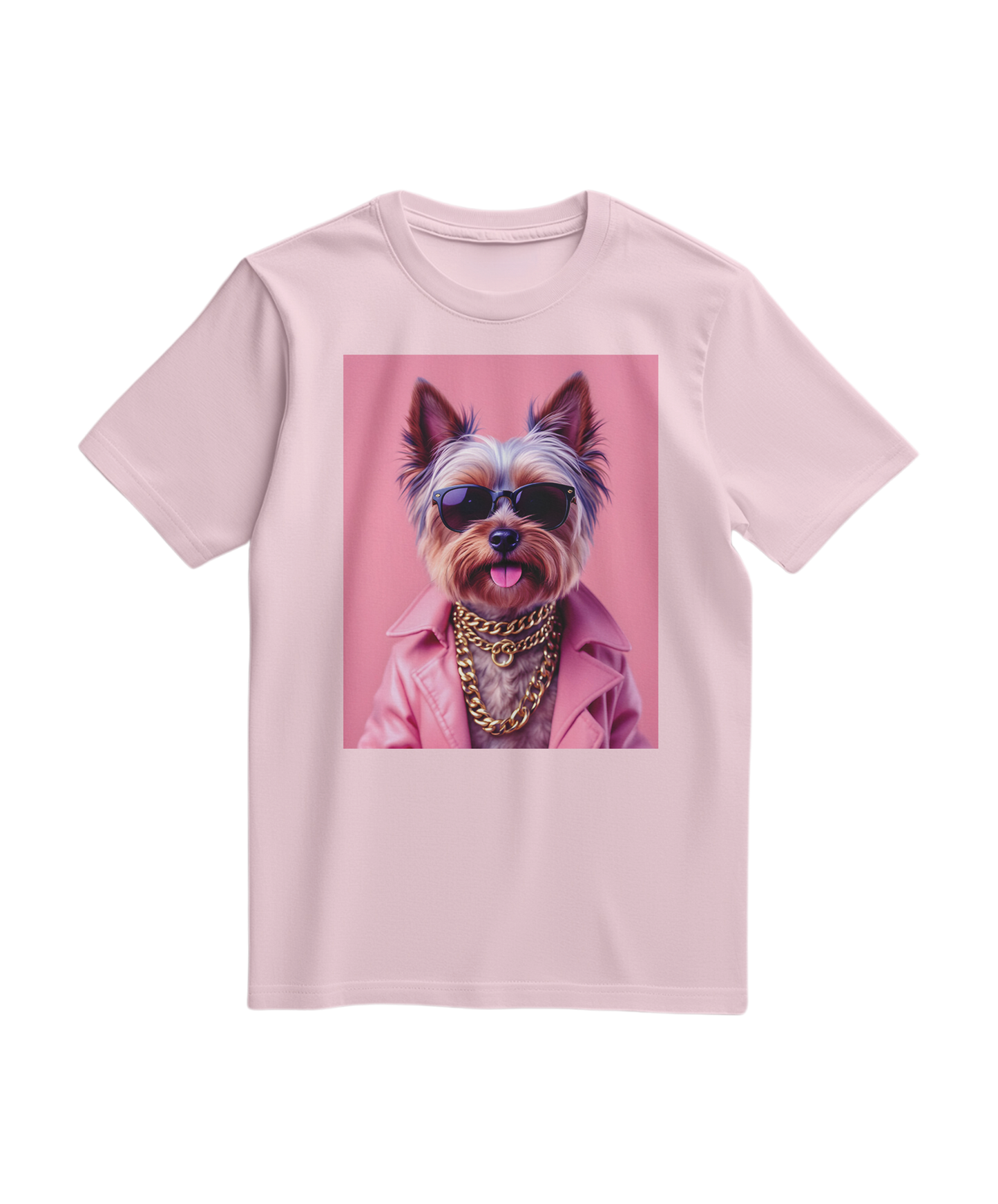 Camiseta rosa claro Camalestore com estampa de rua e ícone de Yorkshire Terrier, tecido confortável e estilo casual.