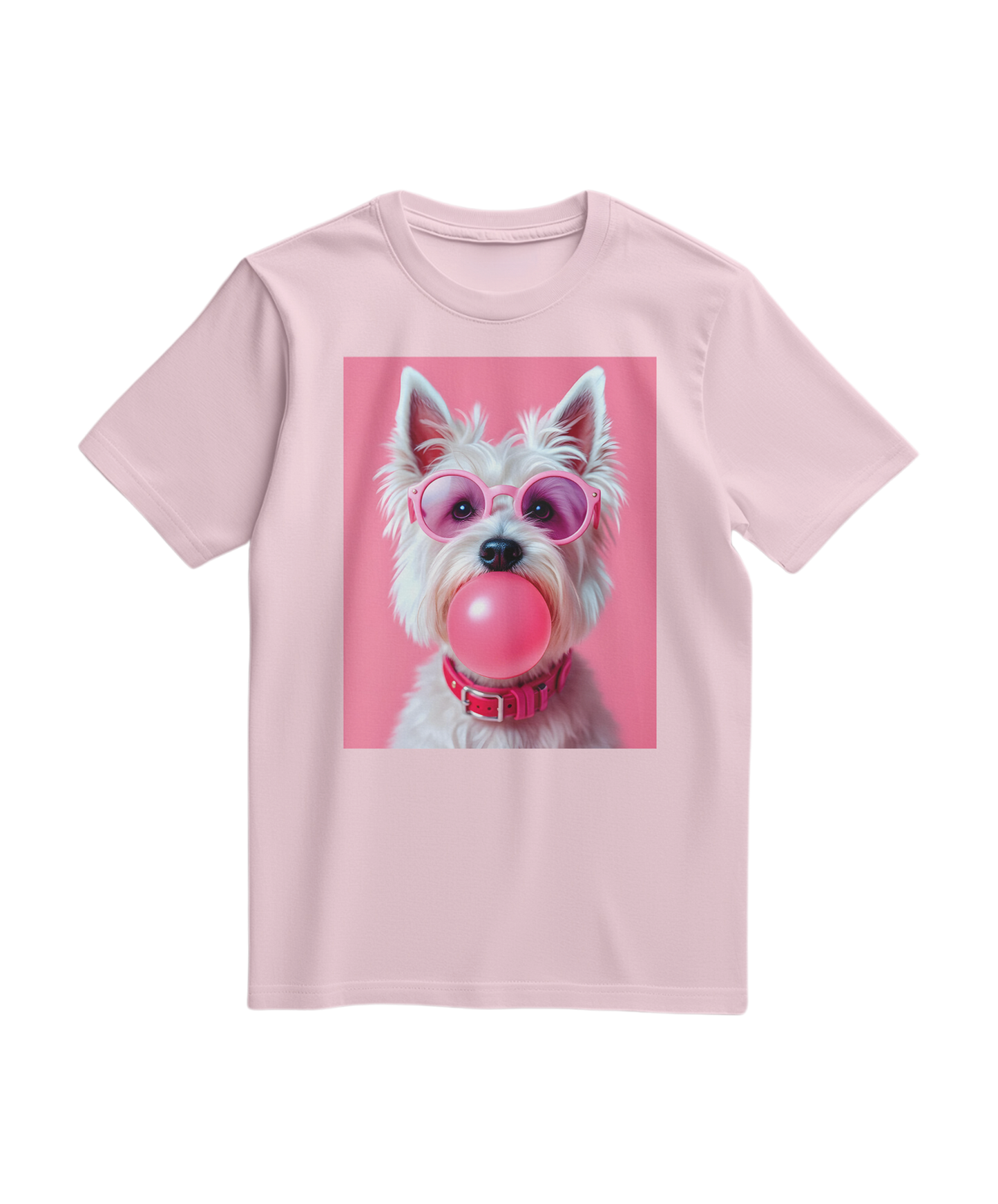 Camalestore camiseta Bubble Terrier cor rosa claro com estampa de cachorrinho em estilo divertido e casual.