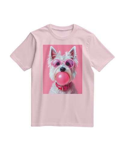 Camalestore camiseta Bubble Terrier cor rosa claro com estampa de cachorrinho em estilo divertido e casual.