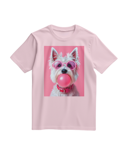 Camalestore camiseta Bubble Terrier cor rosa claro com estampa de cachorrinho em estilo divertido e casual.