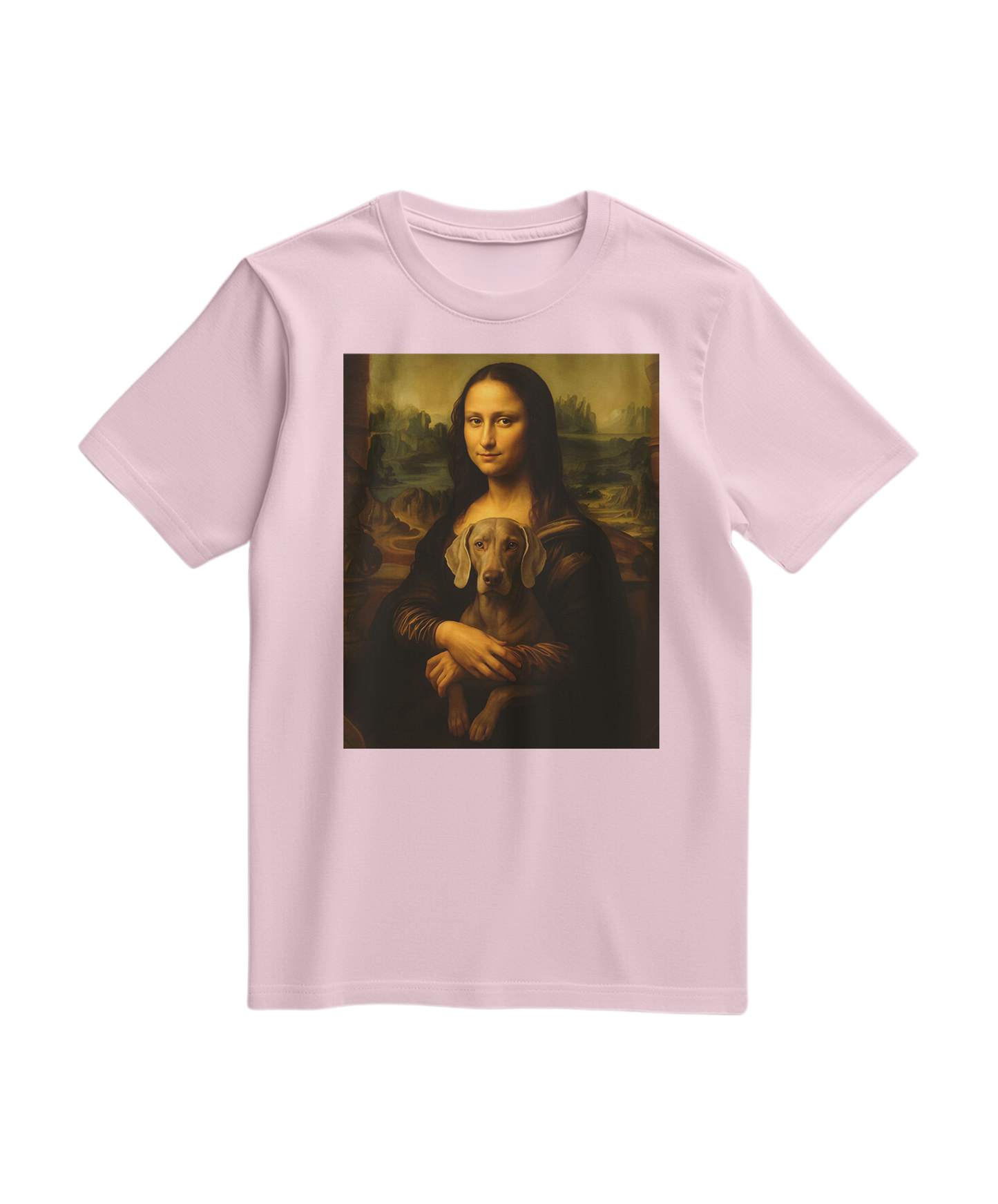 Camiseta Mona Wei cor rosa claro, de manga curta, com estampa na frente, feita pela marca Camalestore.