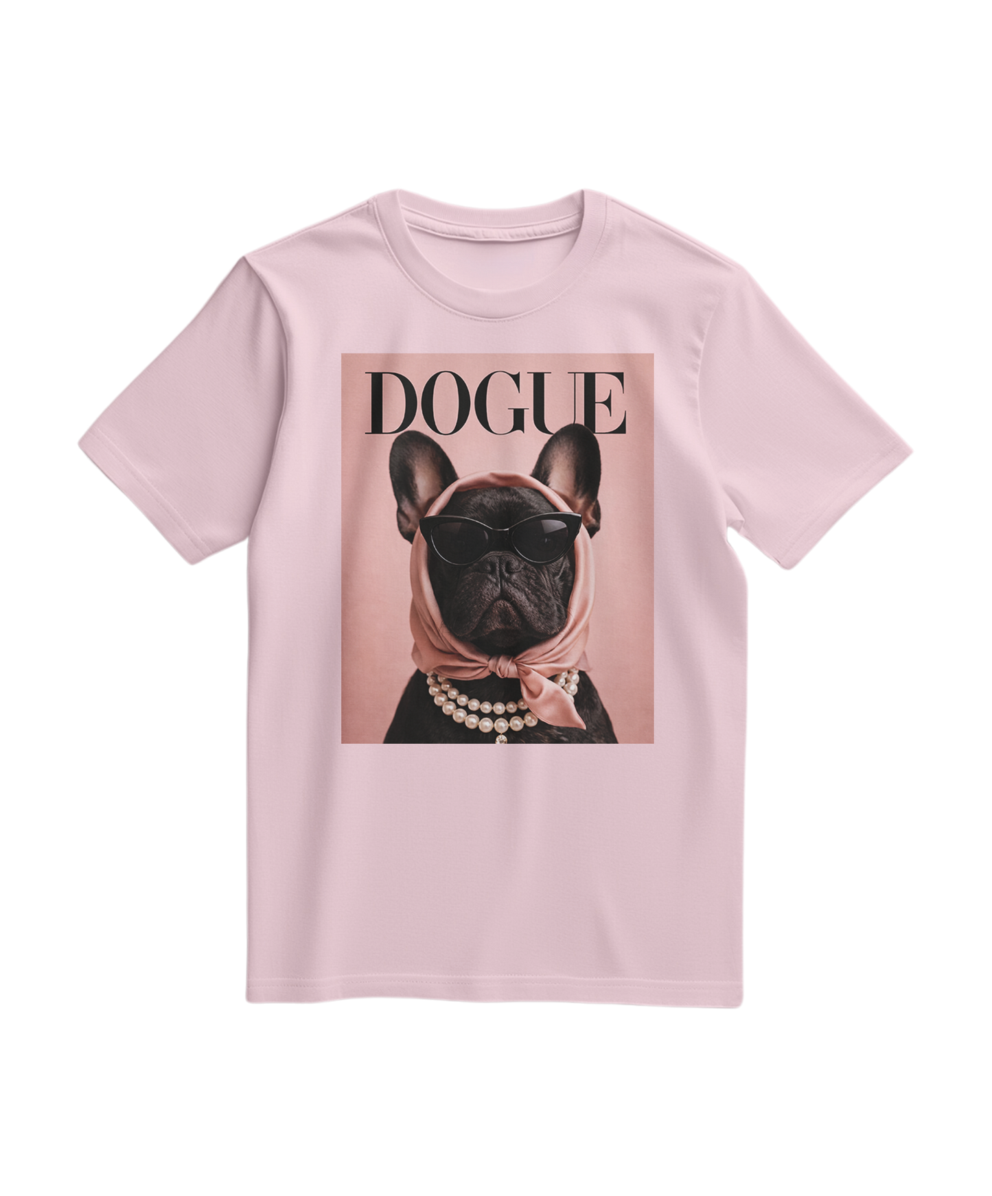 Camiseta The Frenchie Muse em rosa claro, feita pela Camalestore, com estampa de design de cão francês e estilo casual.