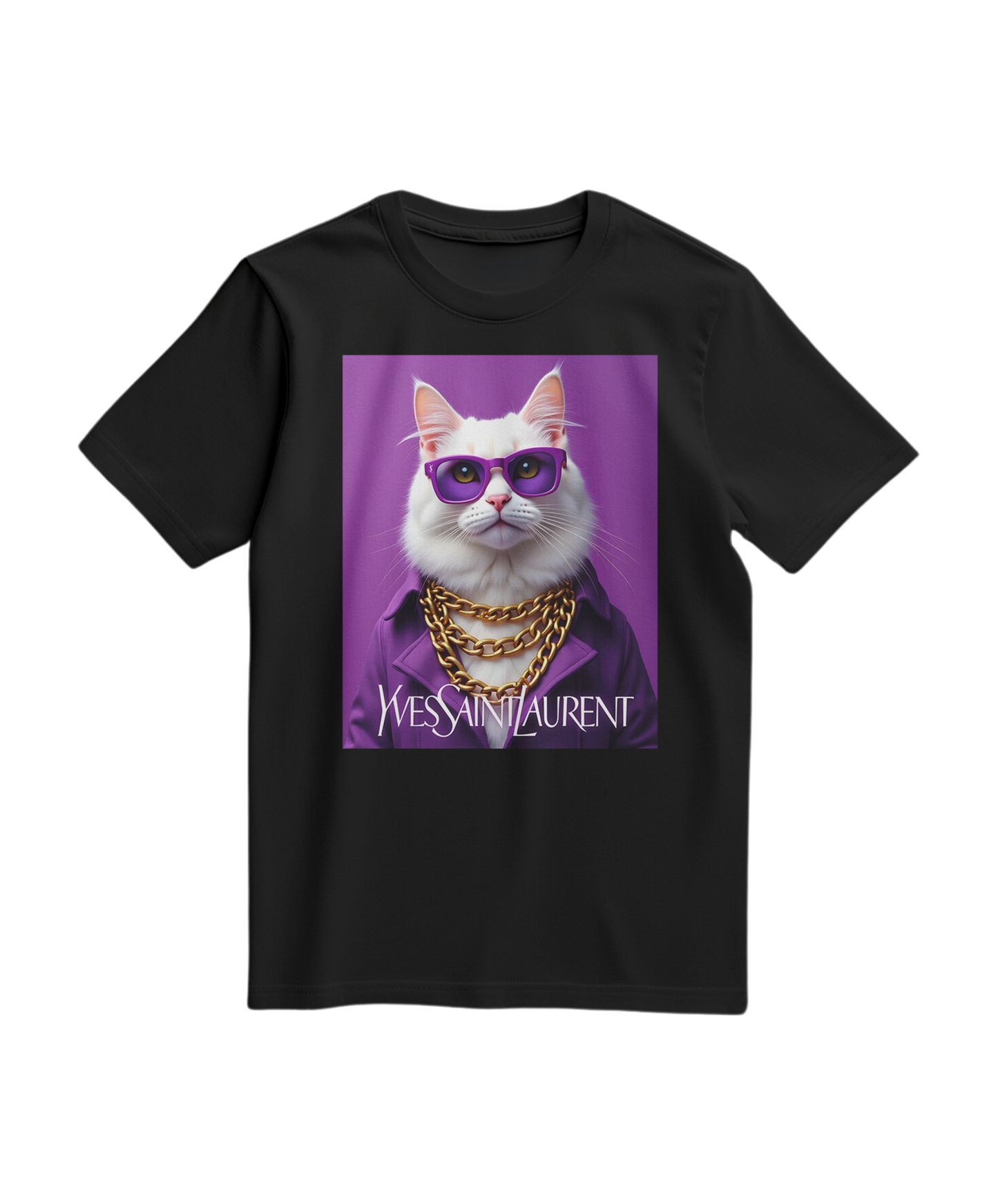 T-shirt preta da Camalestore com estampa de gato glamour, confortável e moderna para uso casual.