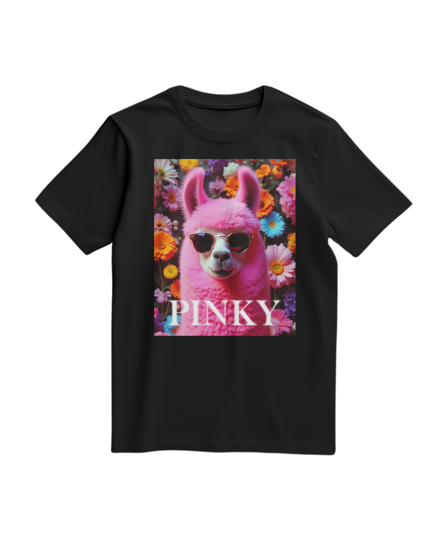 Camiseta rosa com estampa de lhama, estilo casual, da marca Camalestore, vista frontal da T-shirt Pink Llama Studio.