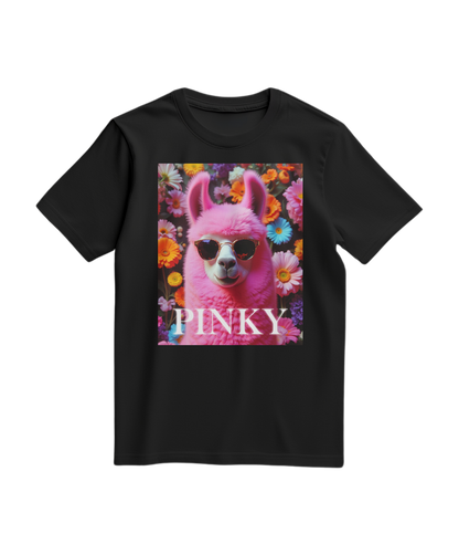 Camiseta rosa com estampa de lhama, estilo casual, da marca Camalestore, vista frontal da T-shirt Pink Llama Studio.