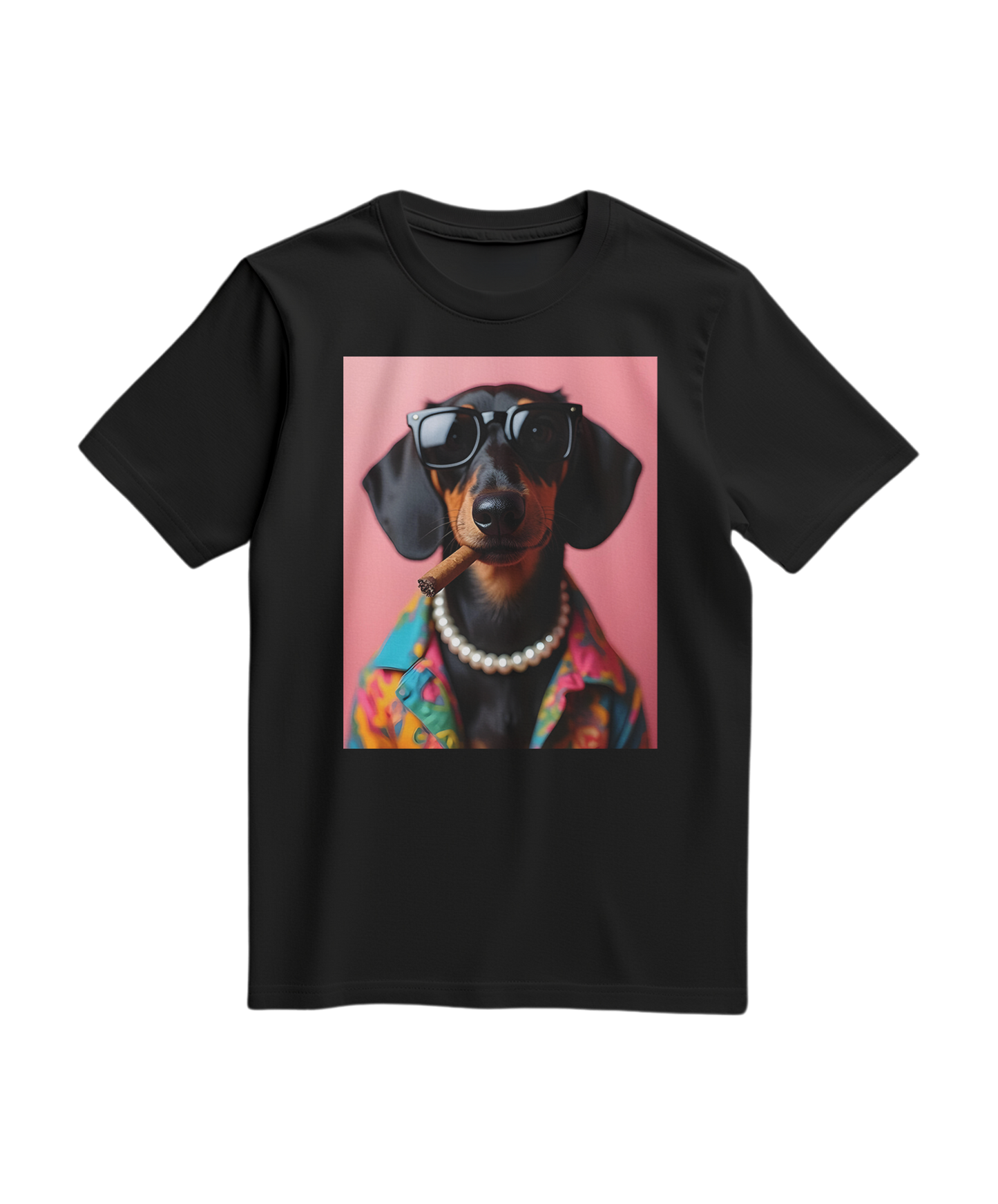 Camiseta preta Smoking Dachshund da Camalestore com estampa de salsicha fumando, tecido confortável e design casual.