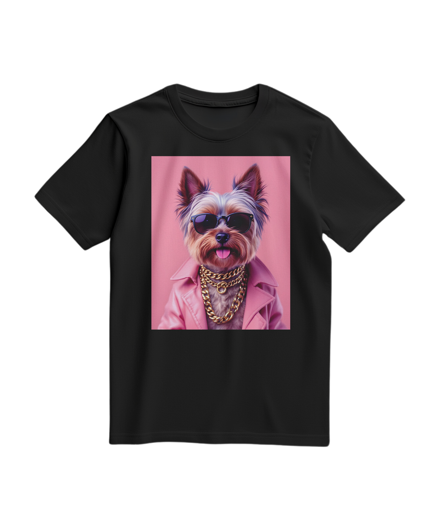 Camiseta preta Camalestore Yorkie Street Icon, camiseta de algodão com estampa de cão Yorkie estilizado na frente.
