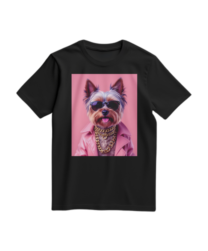 Camiseta preta Camalestore Yorkie Street Icon, camiseta de algodão com estampa de cão Yorkie estilizado na frente.
