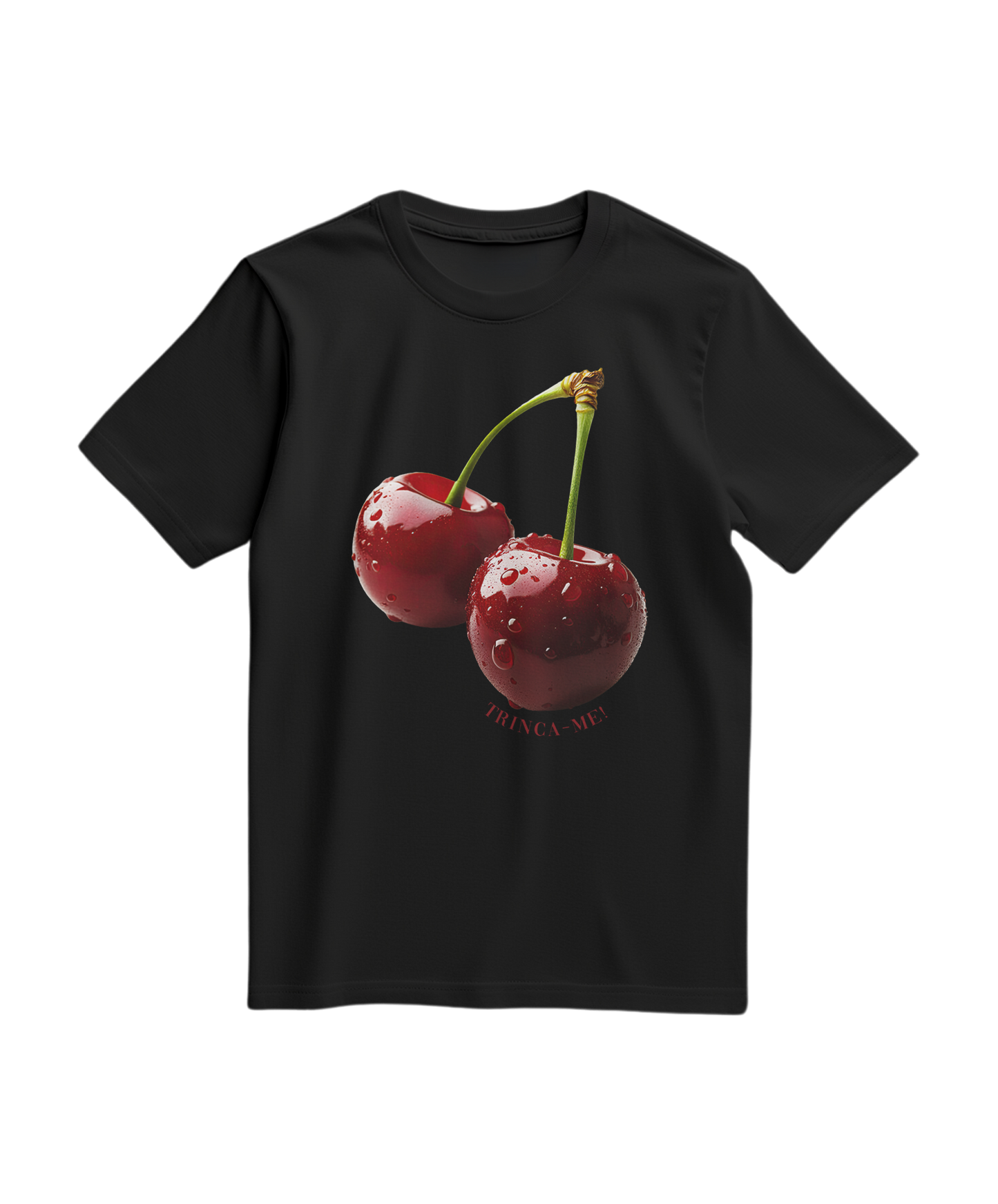Camalestore camiseta preta Cherry Bite Me com estampa de cereja mordida, tecido confortável e design casual.