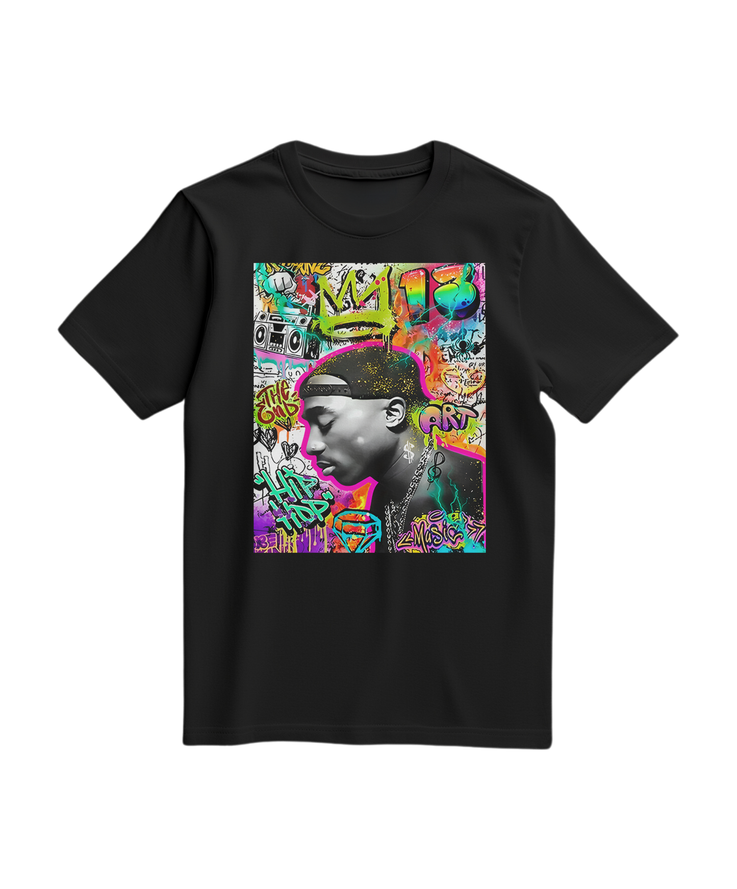 Camiseta preta com estampa de grafite e coroa, estilo urbano, da marca Camalestore.