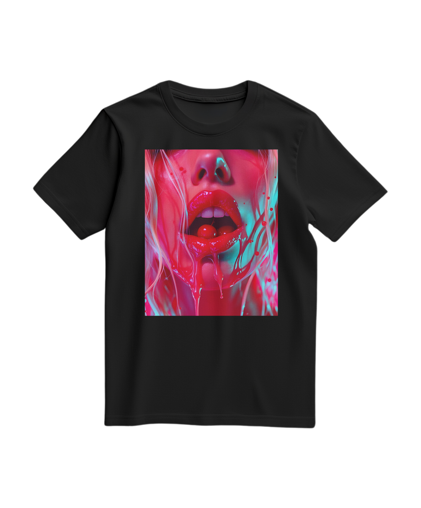 Camalestore T-shirt Cherry Glaze preta com estampa de cereja, tecido confortável e design casual para o dia a dia.
