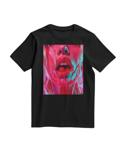Camalestore T-shirt Cherry Glaze preta com estampa de cereja, tecido confortável e design casual para o dia a dia.