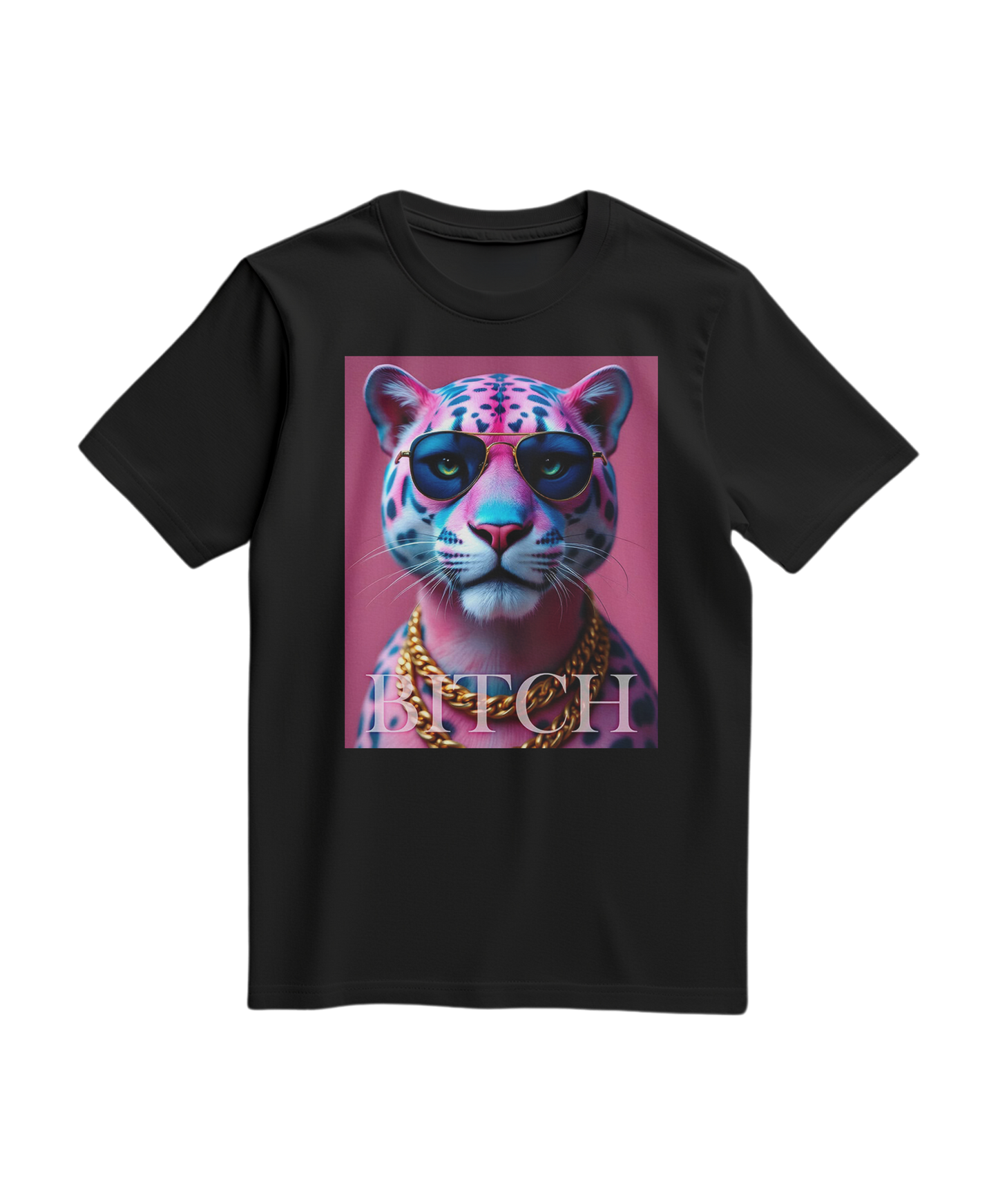 T-shirt preta Neon Jungle Boss da Camalestore com padrão vibrante e design moderno, vista frontal do produto.