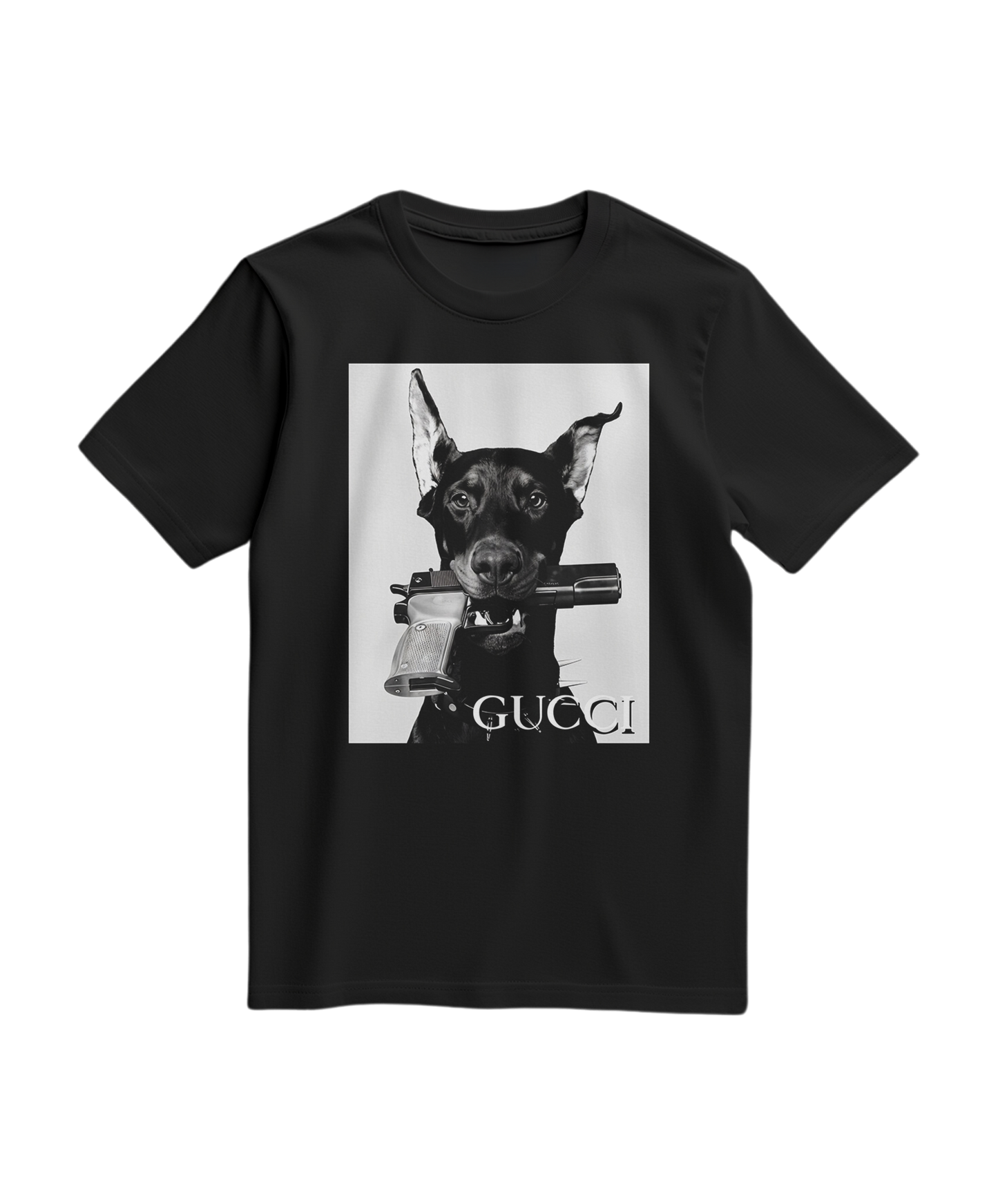 Camiseta preta Dog Ammunition da Camalestore, camiseta de algodão com estampa de cachorro, vista frontal sobre fundo branco.