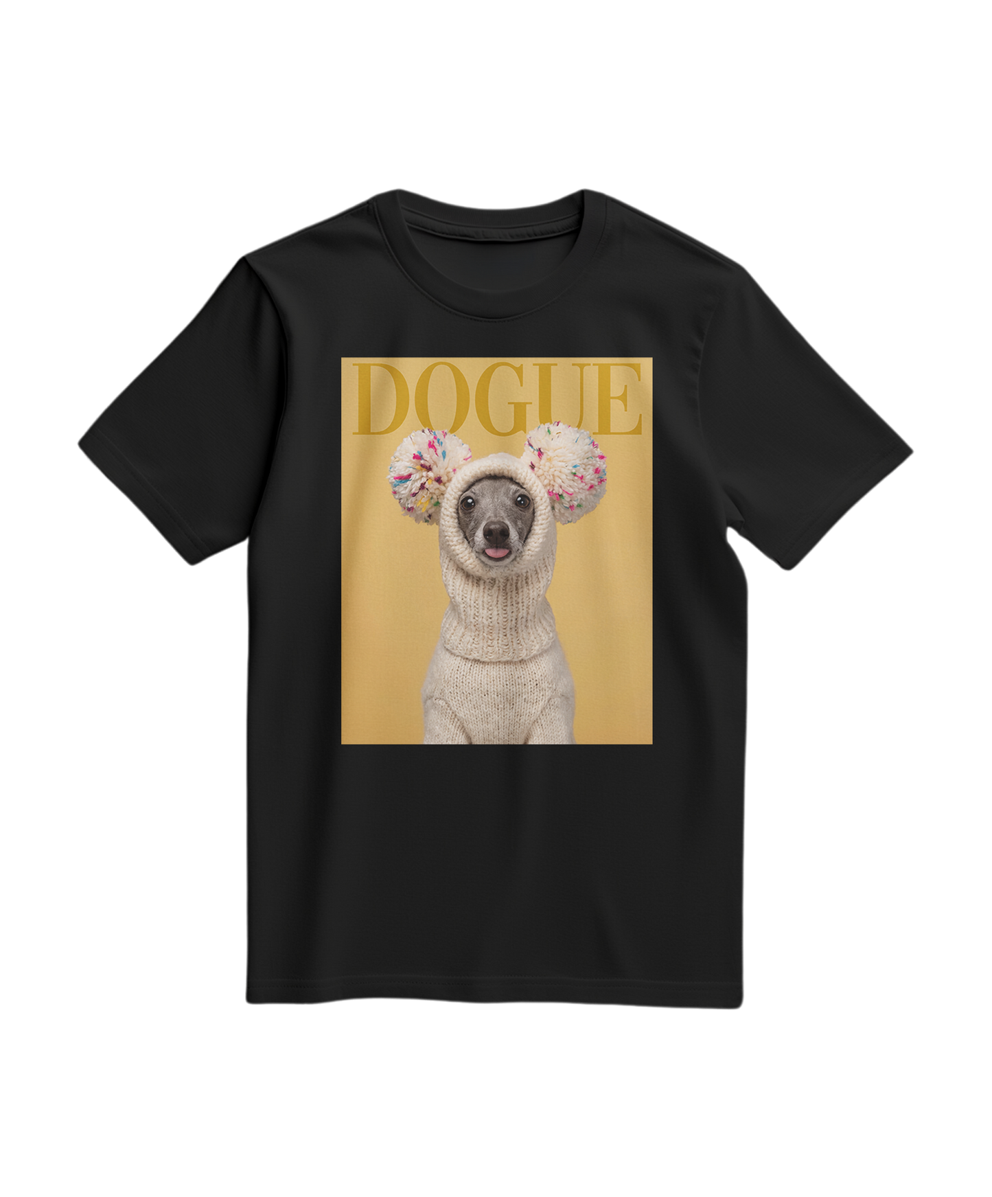 Camiseta preta Dogue Balaclava, camiseta de algodão com estampa de cachorro, para uso casual e confortável.