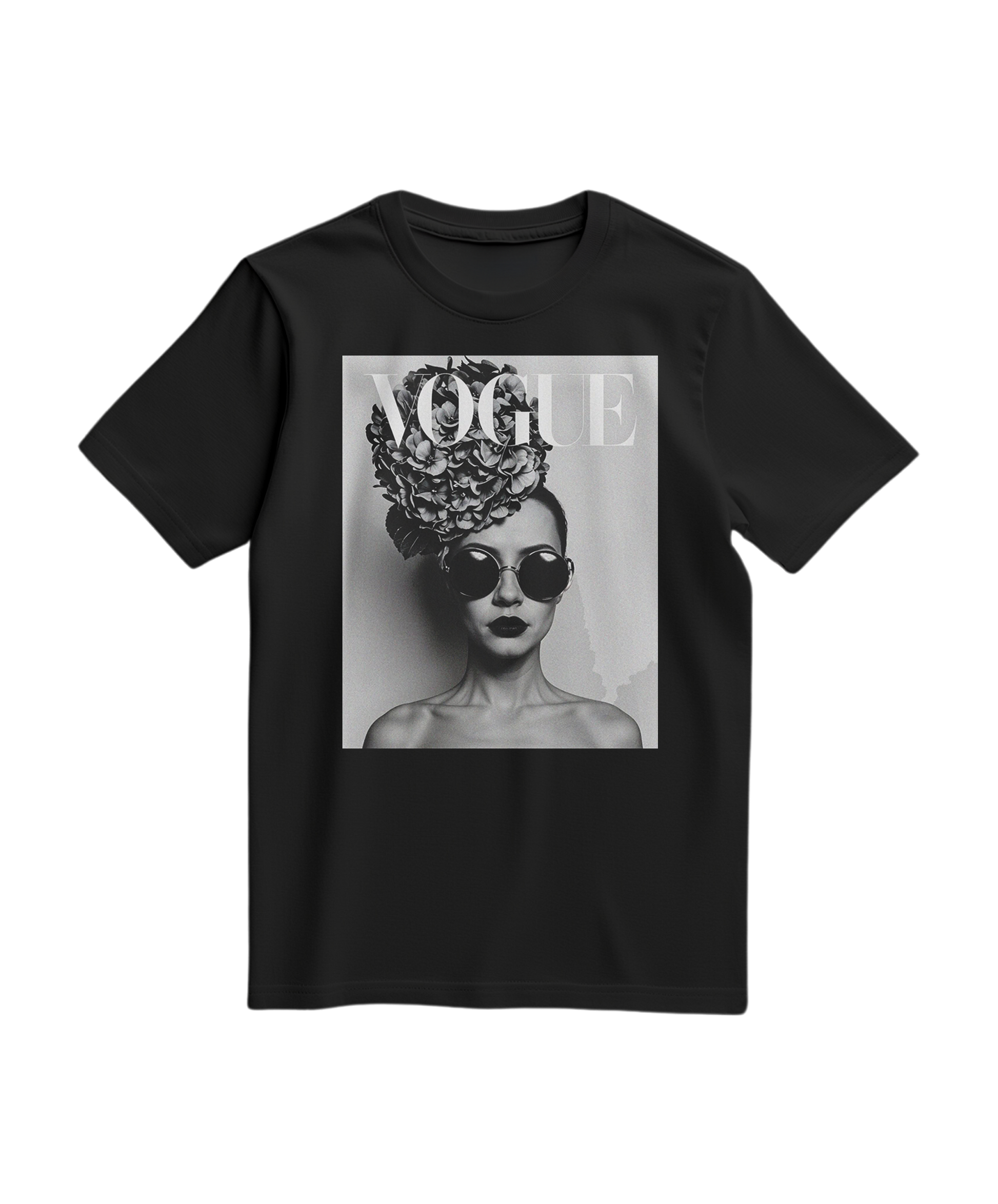 Camalestore T-shirt floral preta, com estampa de flores coloridas, modelagem confortável e tecido leve, vista frontal.