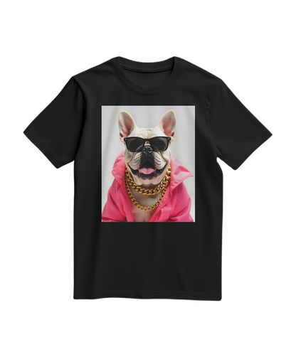 Camiseta Bulldog Azure Pop da Camalestore, camiseta preta com estampa de Bulldog em tons azuis, tecido confortável e estilo casual.