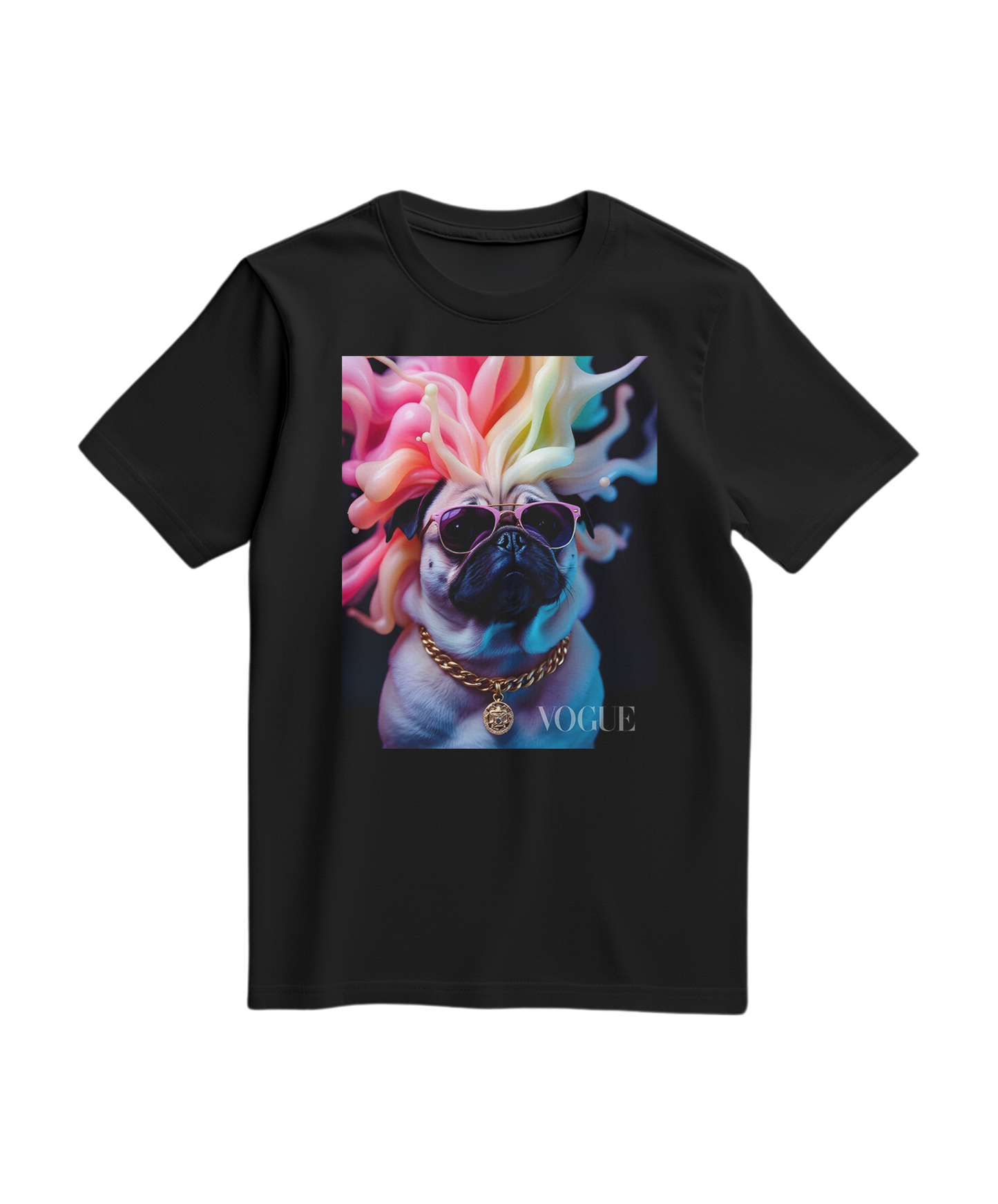 Camalestore T-shirt Pug Chromatic Elite preta, tecido confortável, com estampa de buldogue francês colorido na frente.