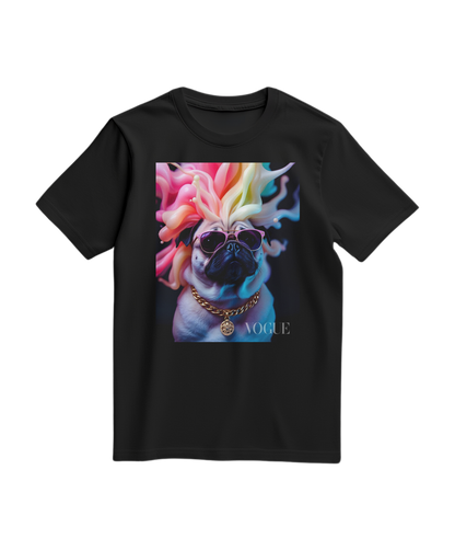 Camalestore T-shirt Pug Chromatic Elite preta, tecido confortável, com estampa de buldogue francês colorido na frente.