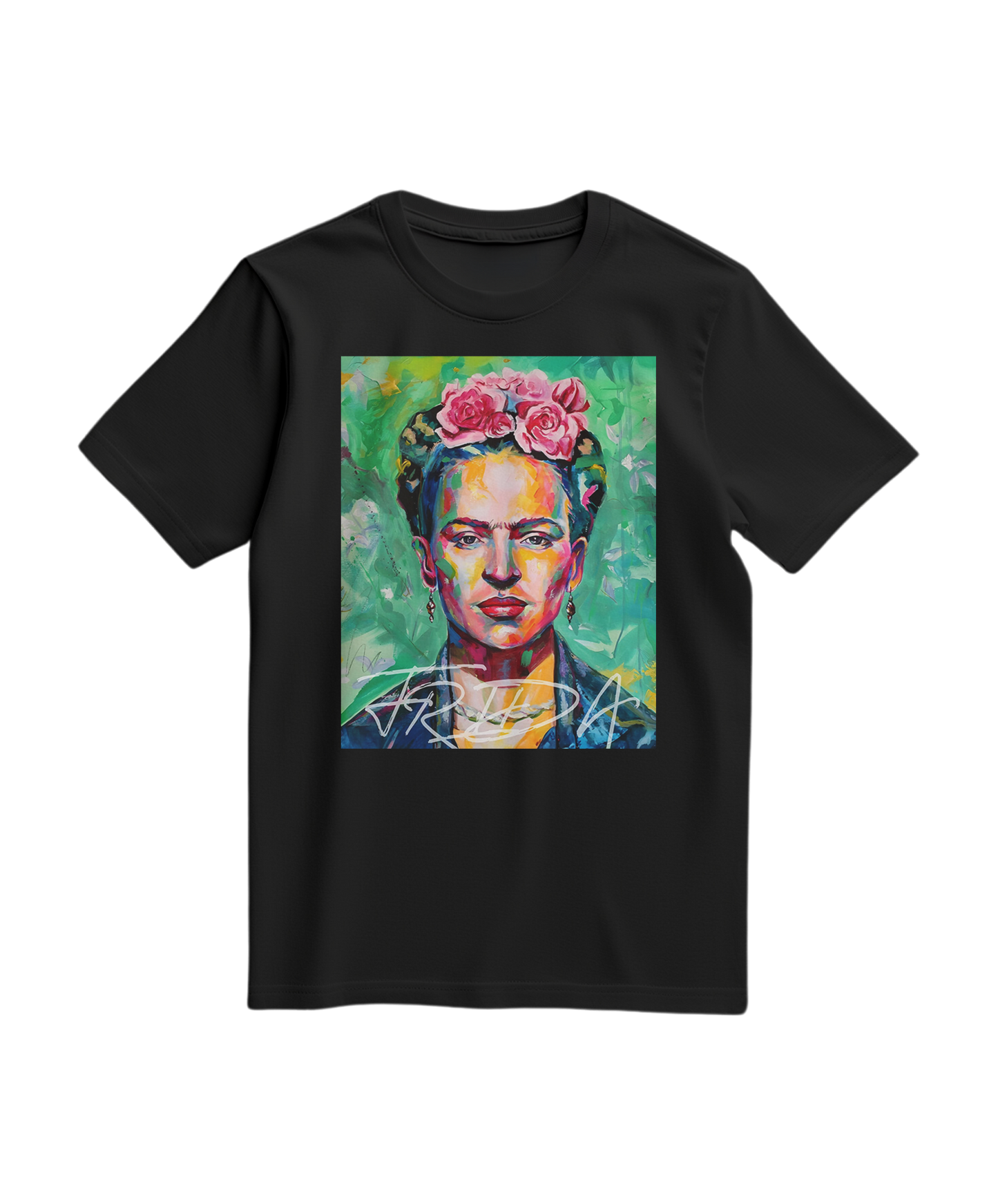 Camiseta preta Kahlo Chromatic da Camalestore com design colorido de Frida Kahlo na frente.