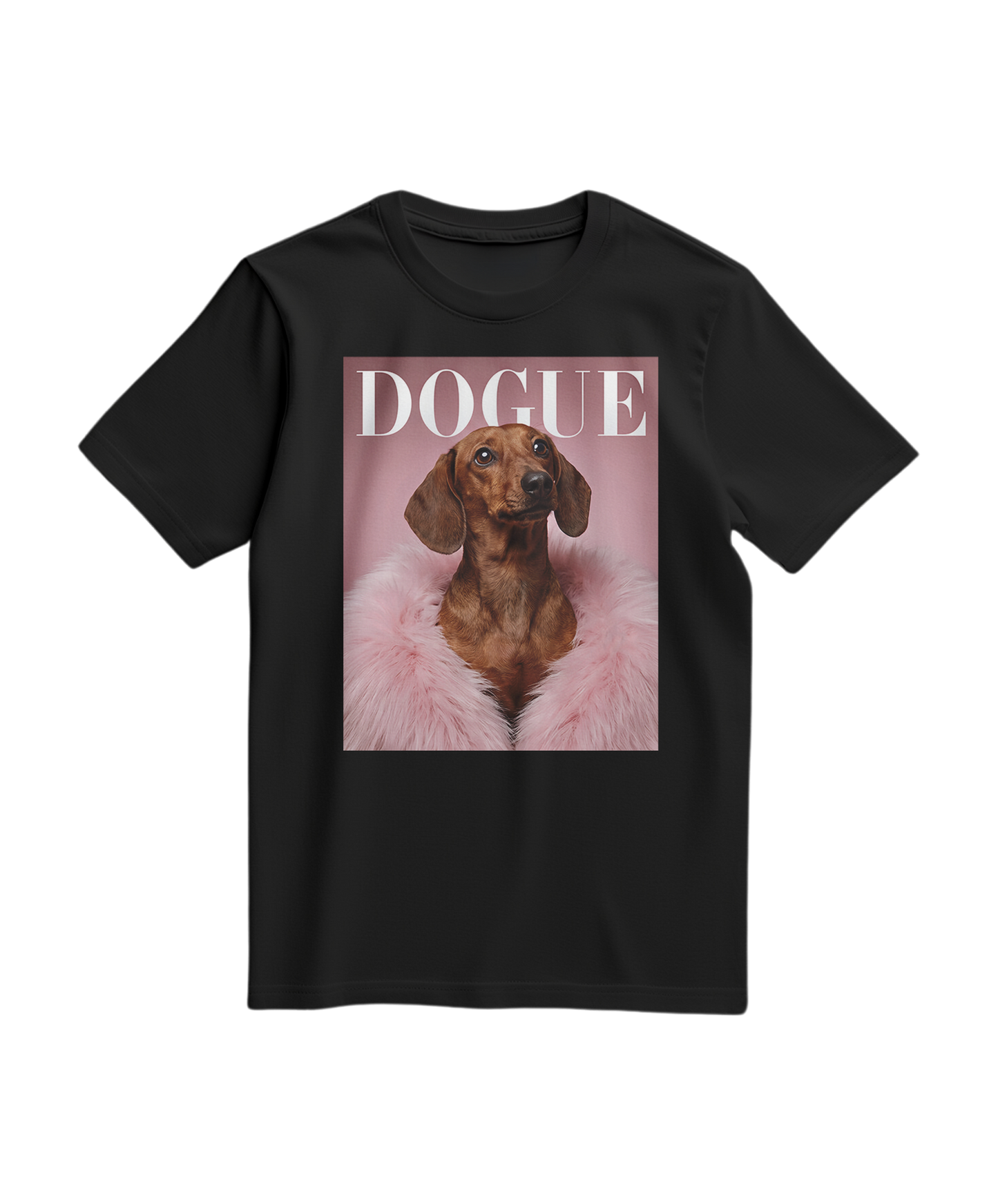 Camiseta preta Dachshund Muse da Camalestore, com estampa de cachorro na frente, feita de algodão confortável.