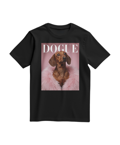 Camiseta preta Dachshund Muse da Camalestore, com estampa de cachorro na frente, feita de algodão confortável.