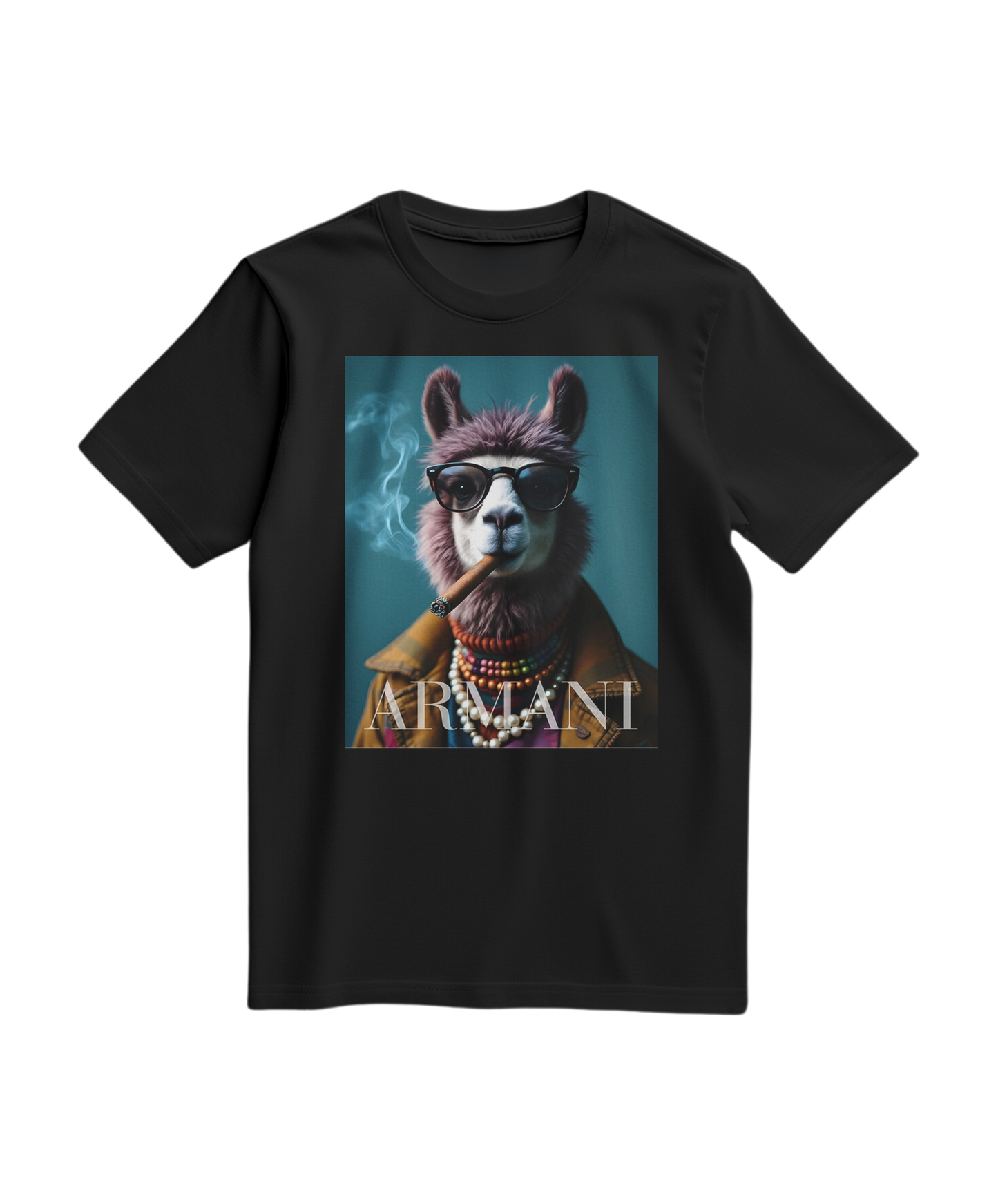 T-shirt preto da Camalestore com estampa de lama Dapper, tecido confortável e design moderno para uso casual.