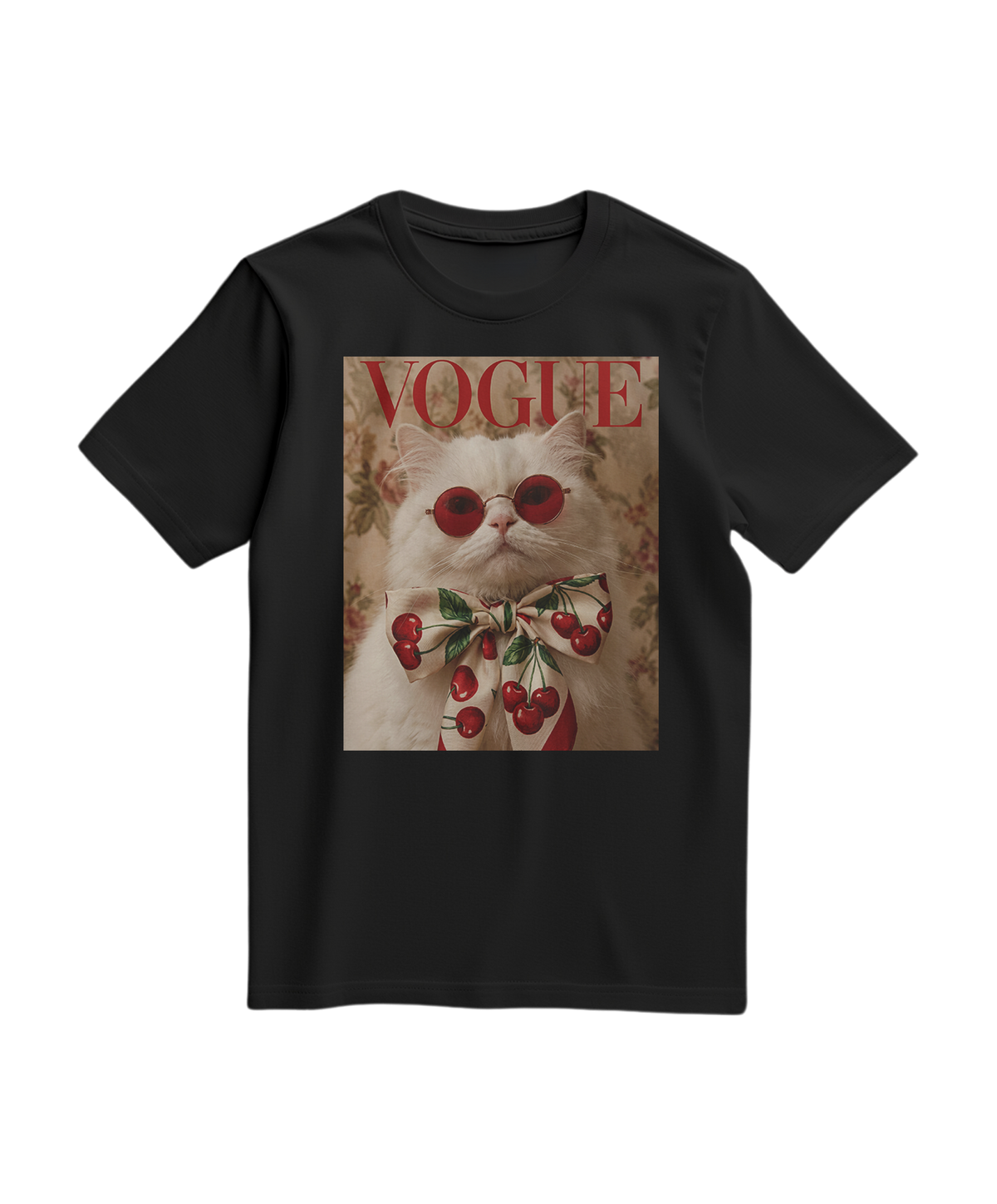 Camiseta preta Velvet Cherry da Camalestore, com estampa de cereja em veludo, vista frontal.