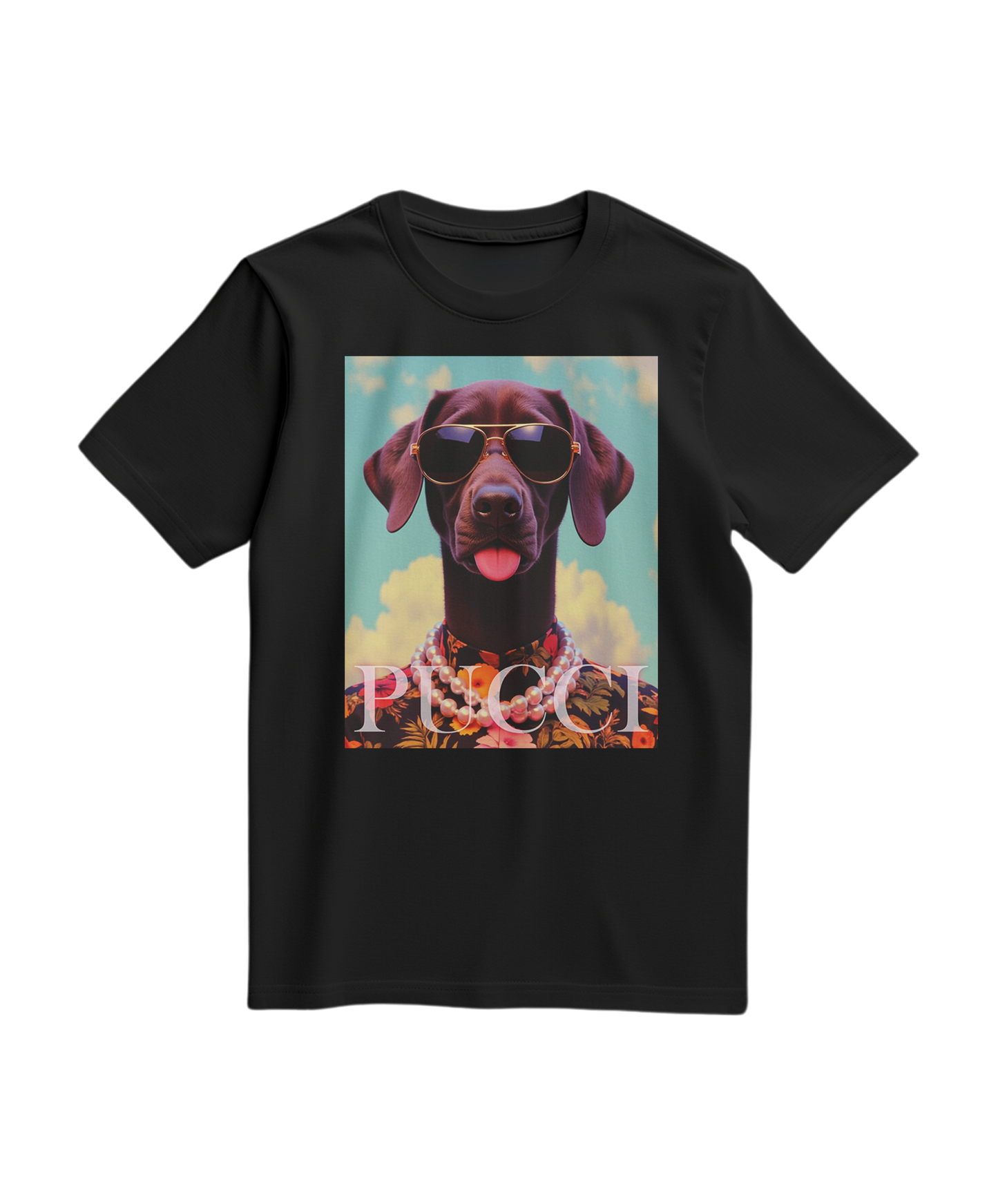 T-shirt preta com estampa tropical de cão, produto da marca Camalestore, mostrado na imagem com detalhes vibrantes e tecido confortável.