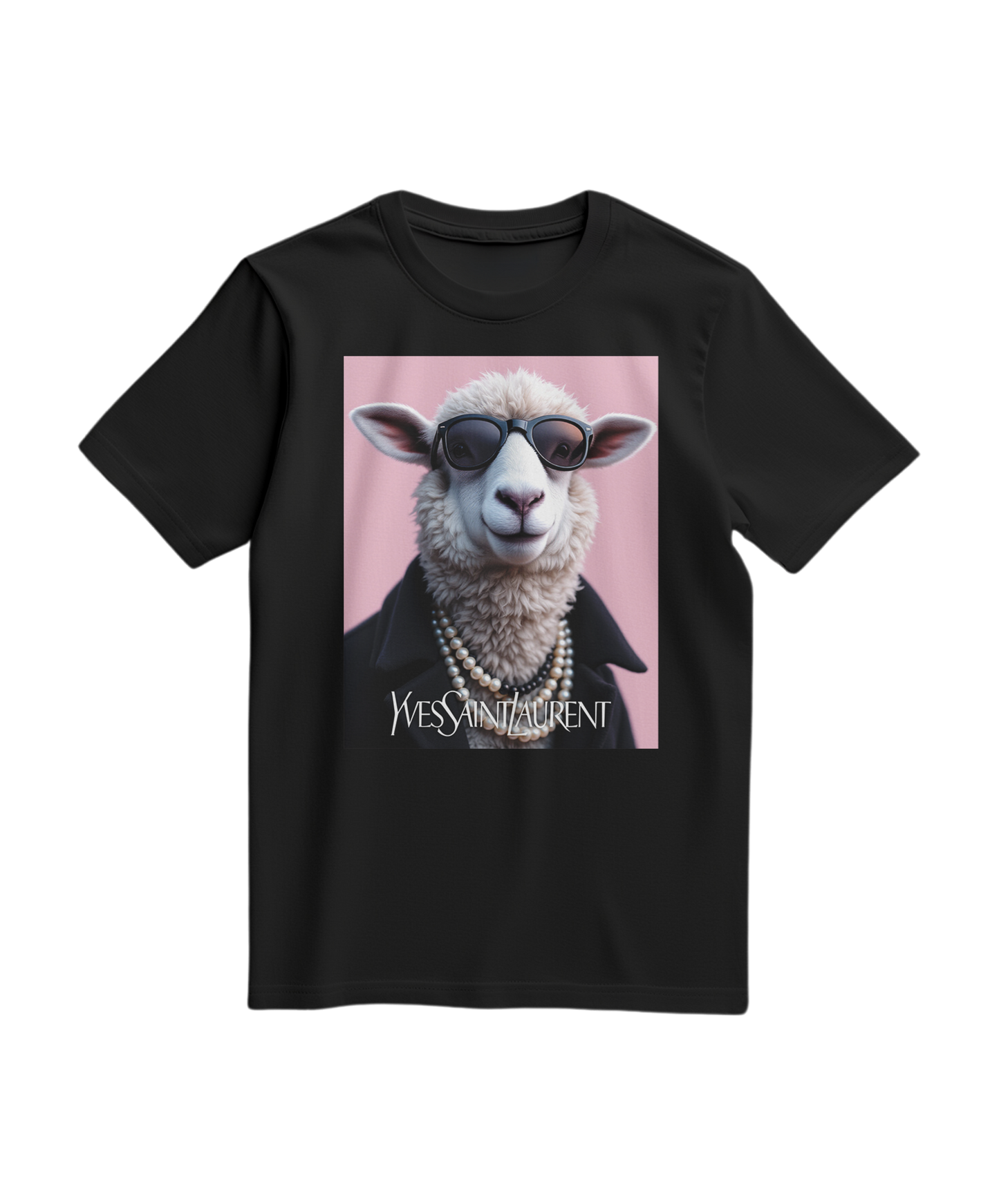 Camiseta preta Camalestore com ícone de ovelha de pérola, design minimalista e confortável para uso casual.