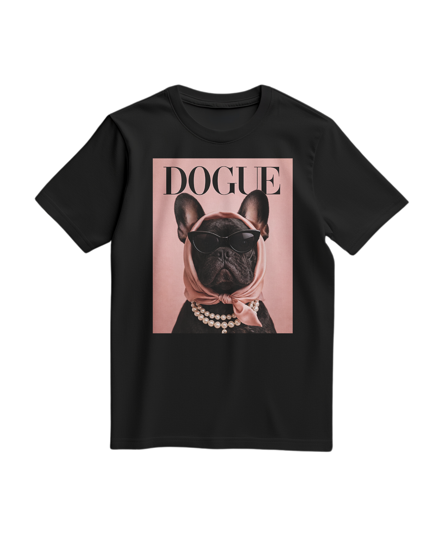 Camiseta preta The Frenchie Muse da Camalestore, com estampa de um vira-lata francês em destaque.