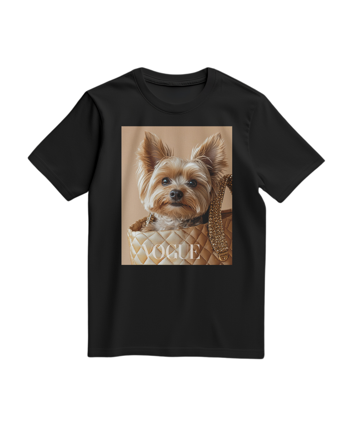 Camiseta preta da marca Camalestore com estampa de Yorkie Muse, tecido confortável e estilo casual para o dia a dia.