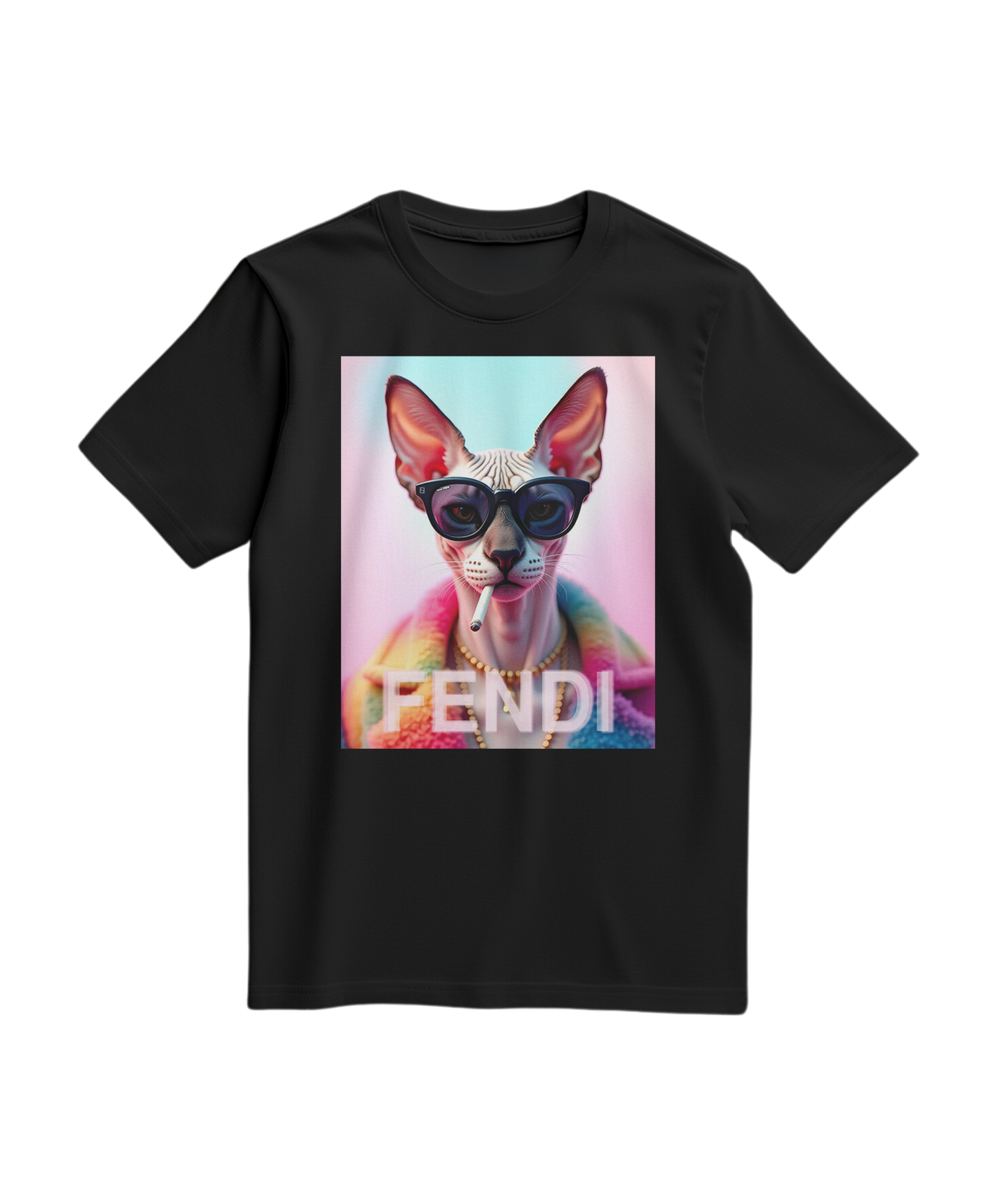 Camiseta preta Sphynx Prism da Camalestore, com estampa colorida de gato esfinge, vista frontal.