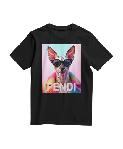 Camiseta preta Sphynx Prism da Camalestore, com estampa colorida de gato esfinge, vista frontal.