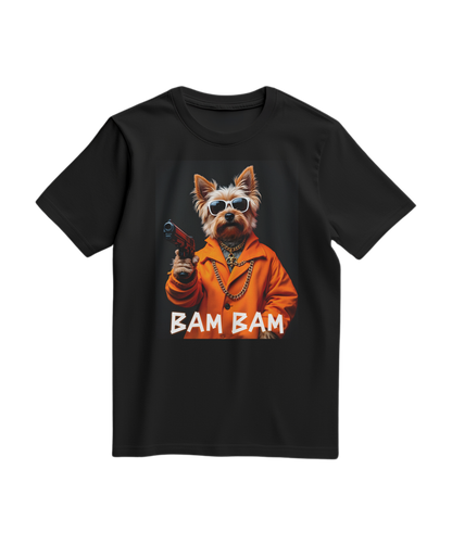 Camiseta preta Bam Bam Gangster da Camalestore, com design gráfico estilizado na frente, feita de algodão confortável.