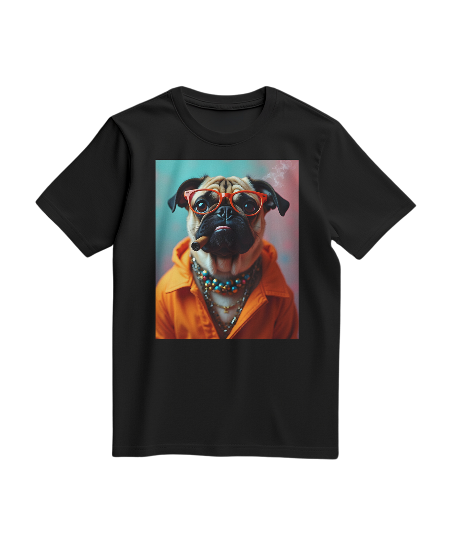 Camiseta laranja Pug Rebel da Camalestore, com estampa de pug e design casual, vista de frente na imagem.