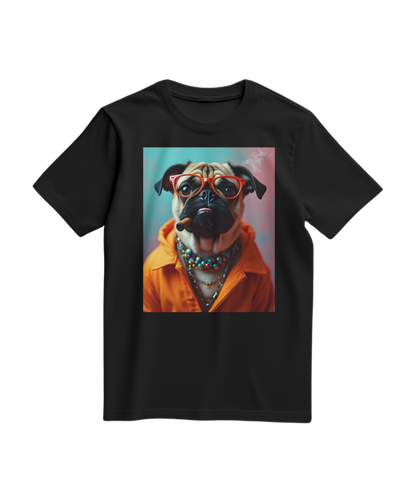 Camiseta laranja Pug Rebel da Camalestore, com estampa de pug e design casual, vista de frente na imagem.
