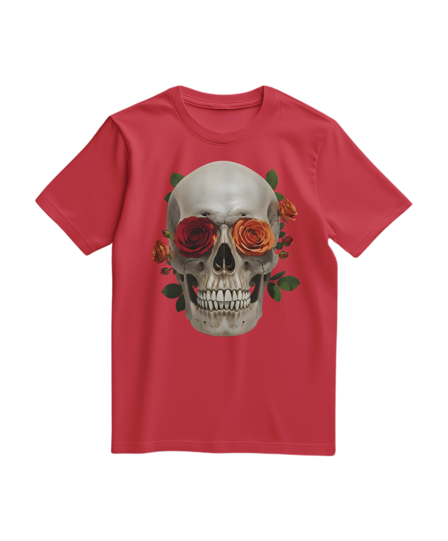 Camalestore camiseta vermelha com estampa de caveira e rosas, design moderno e detalhado em tecido confortável.