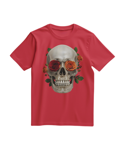 Camalestore camiseta vermelha com estampa de caveira e rosas, design moderno e detalhado em tecido confortável.