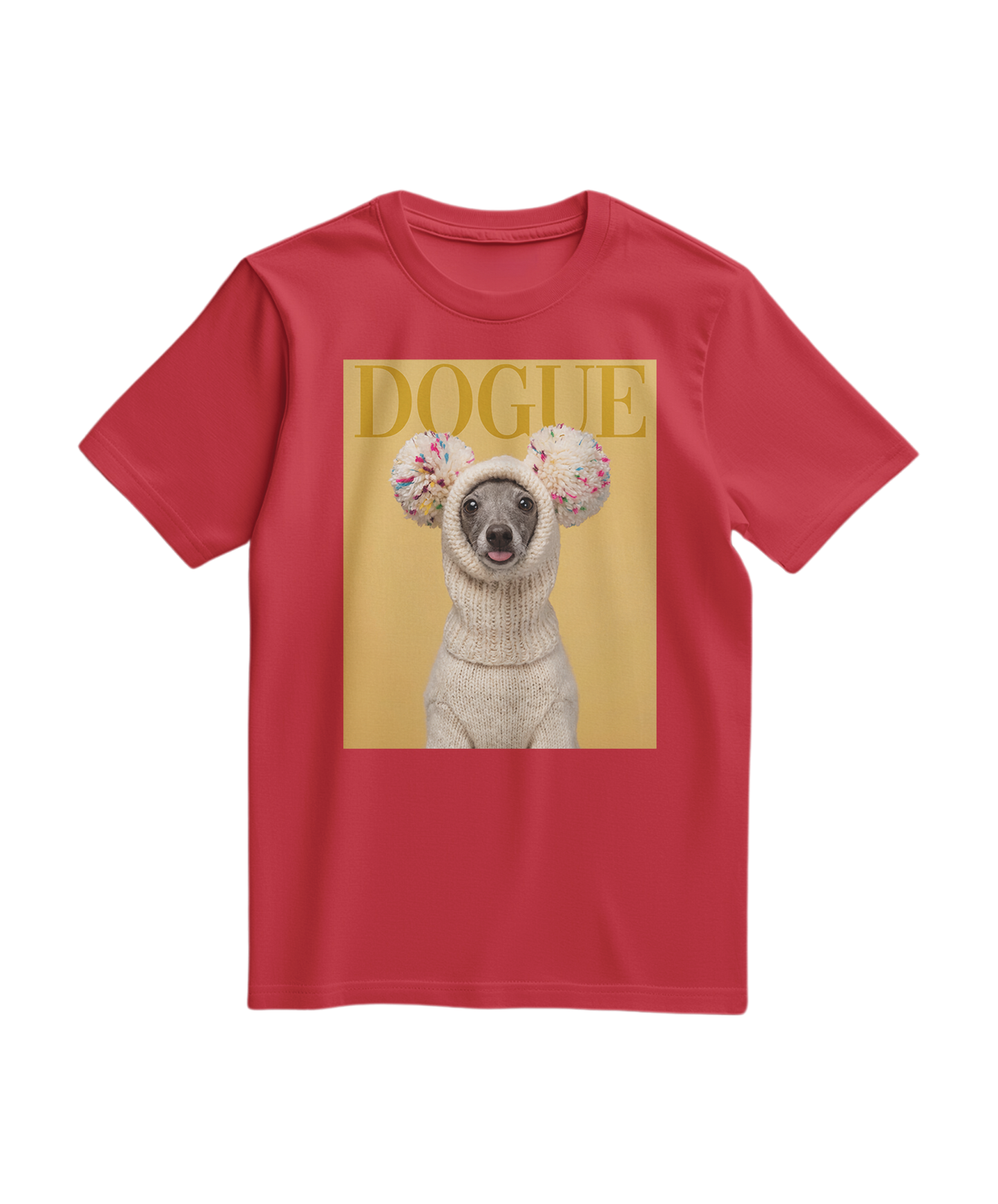 Camiseta vermelha Dogue Balaclava da Camalestore, estilo casual com estampa moderna, vista de frente.