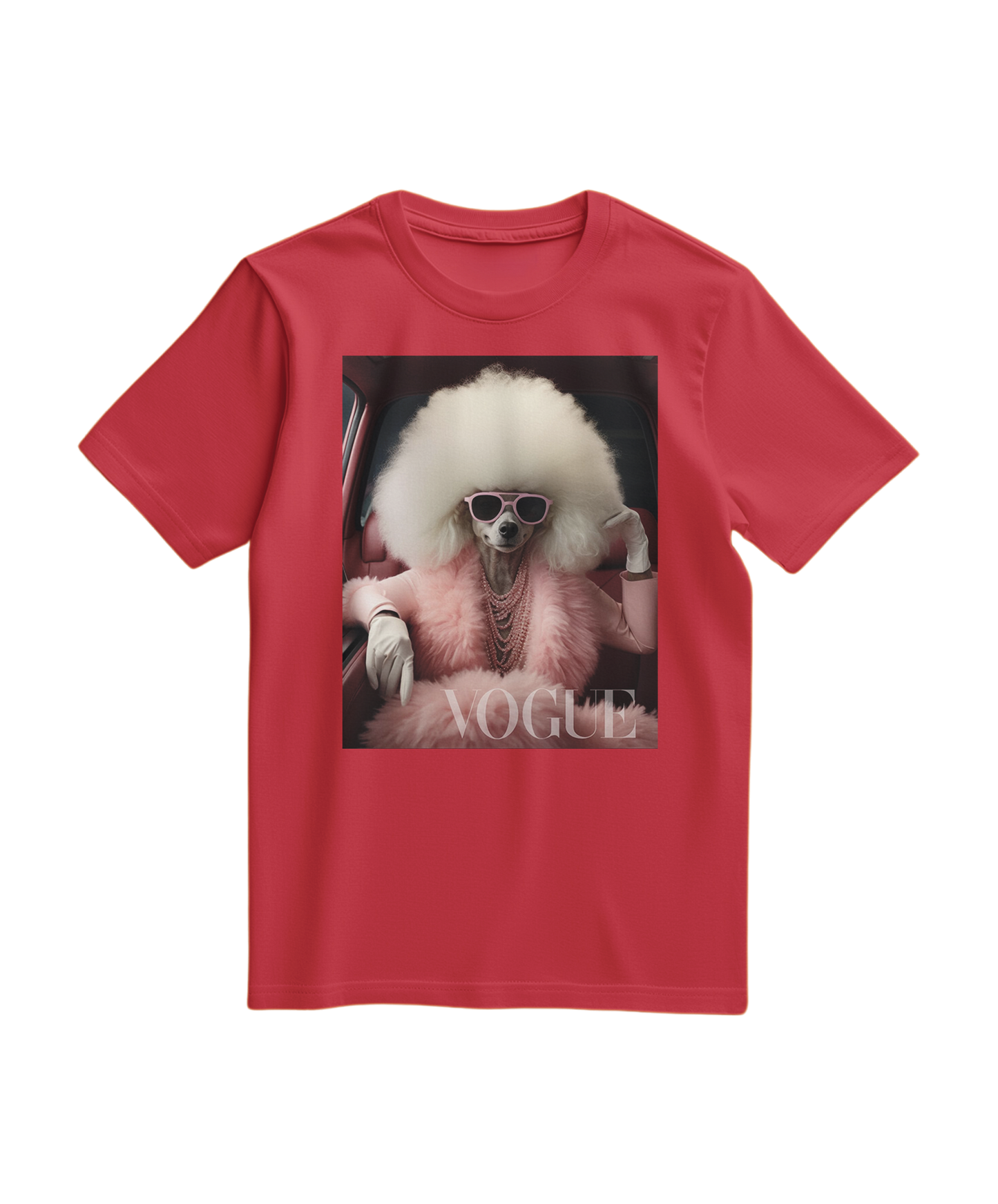 Camiseta vermelha Poodle Glam da Camalestore, camiseta casual com estampa de poodle estilizado, vista frontal em tecido de algodão