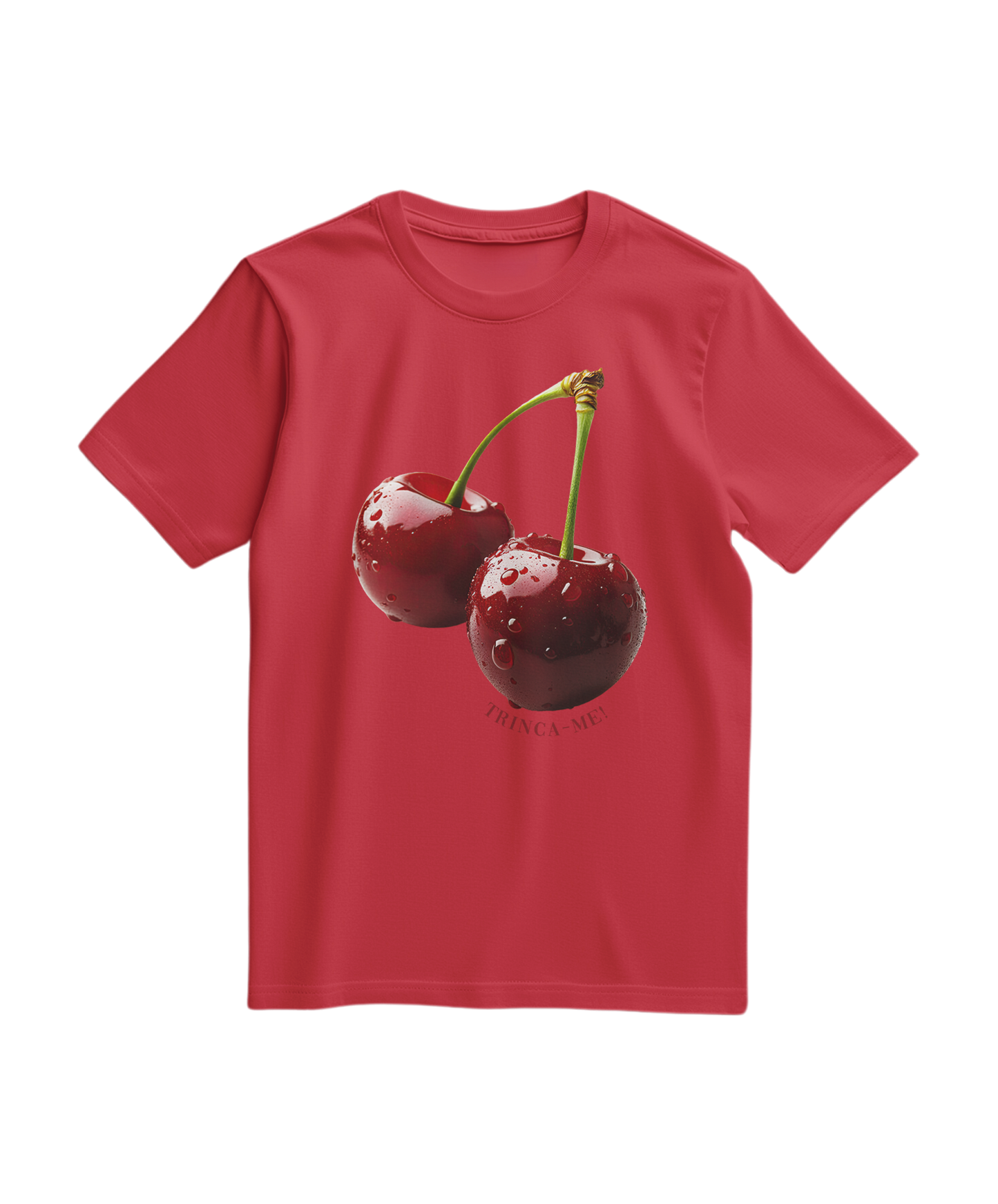 Camalestore T-shirt vermelha com estampa de cereja mordida, estilo casual e confortável, para uso diário.