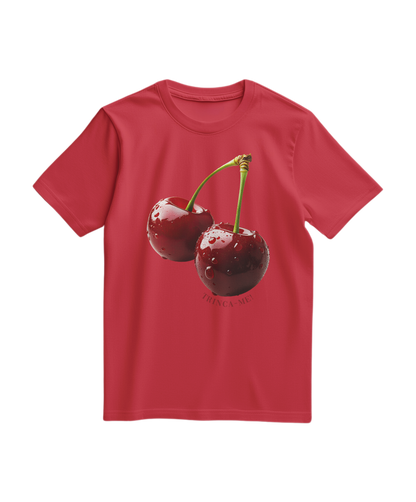 Camalestore T-shirt vermelha com estampa de cereja mordida, estilo casual e confortável, para uso diário.
