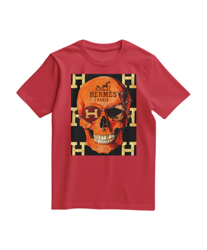 Camalestore camiseta vermelha com estampa de caveira icônica, estilo casual e moderno, ideal para looks informais.