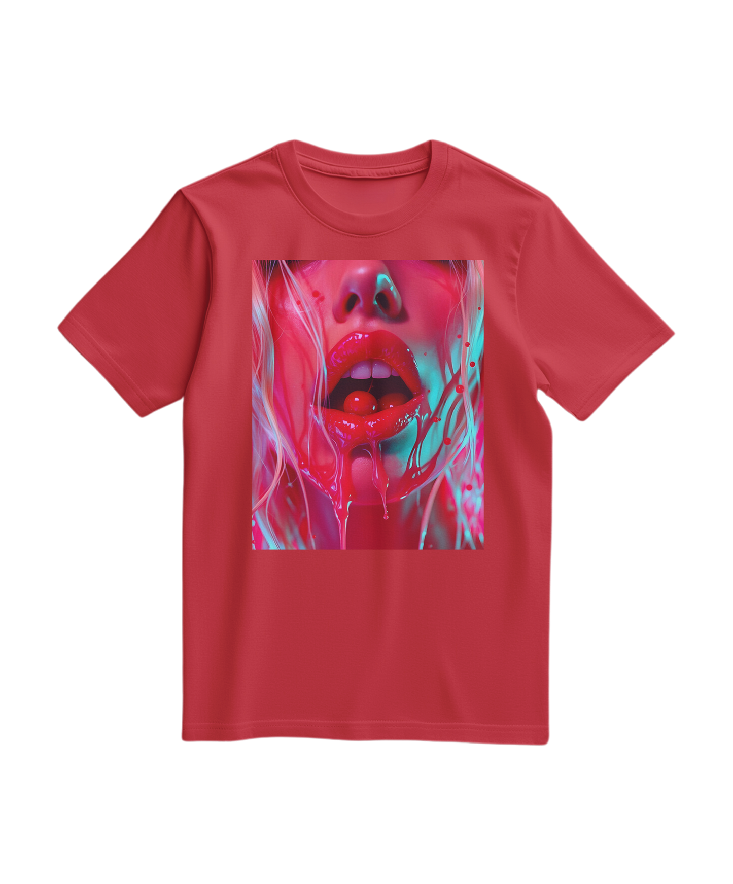Camiseta vermelha Cherry Glaze da Camalestore, modelo casual com estampa de cereja, vista frontal.