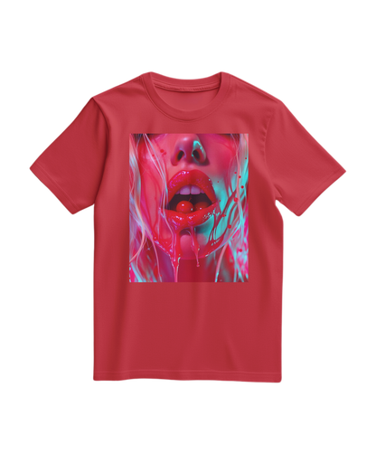 Camiseta vermelha Cherry Glaze da Camalestore, modelo casual com estampa de cereja, vista frontal.