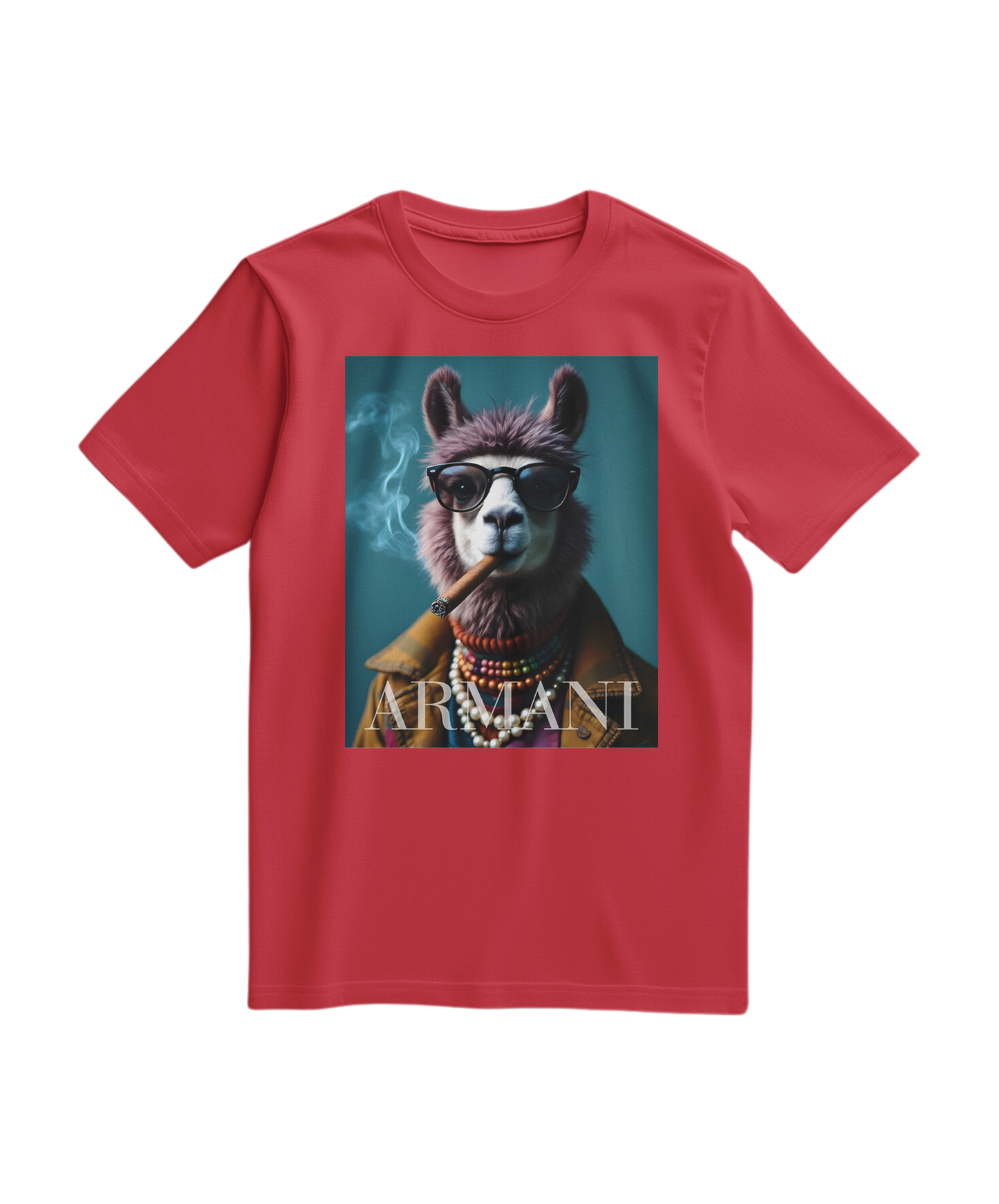 Camalestore T-shirt Dapper Llama vermelho com gráfico divertido de lhama elegante na frente, tecido confortável e estilo casual.