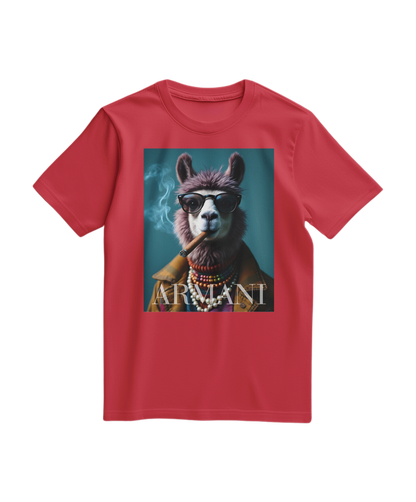 Camalestore T-shirt Dapper Llama vermelho com gráfico divertido de lhama elegante na frente, tecido confortável e estilo casual.