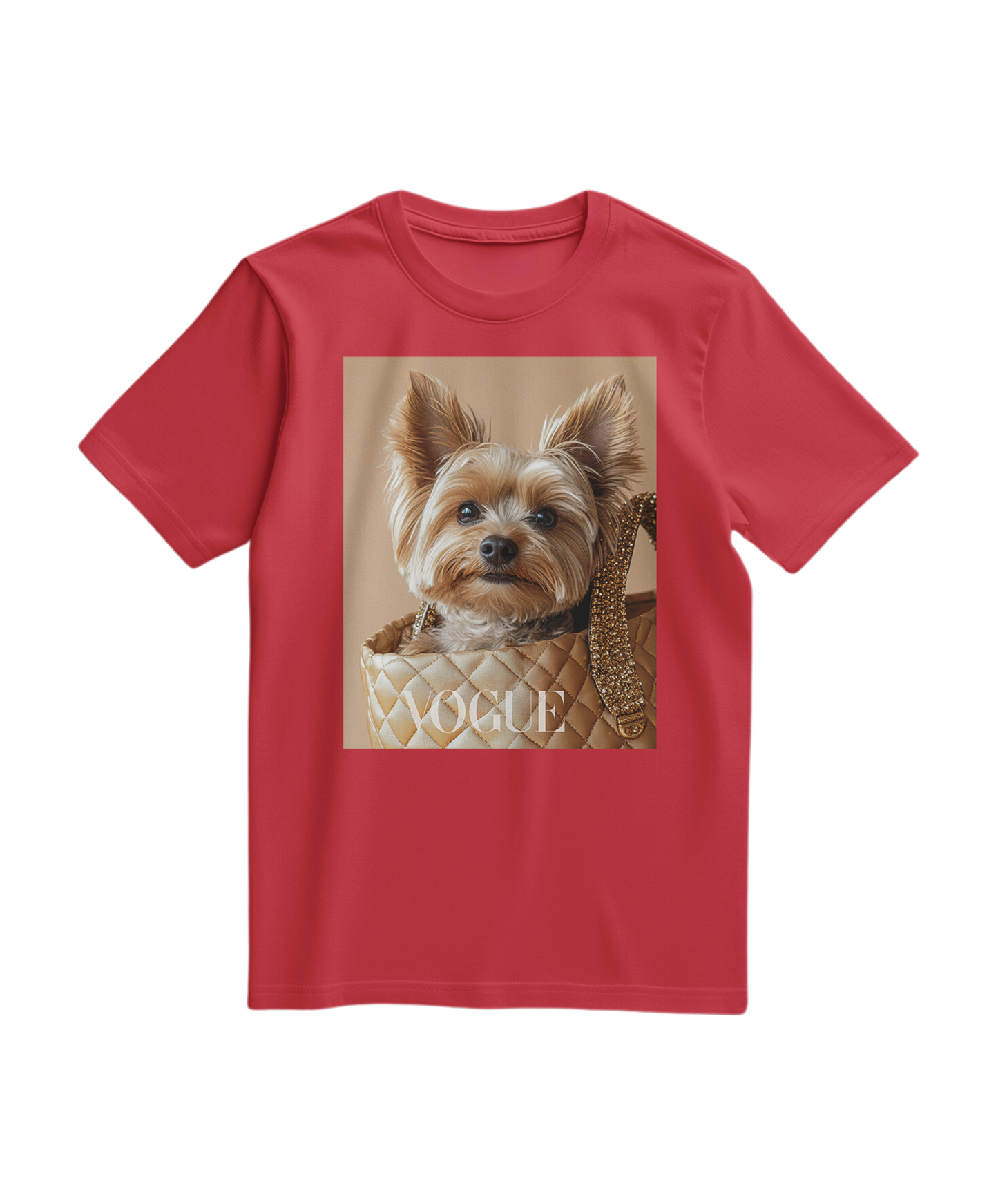 Camiseta vermelha Yorkie Muse da Camalestore com estampa de cão pequeno, confortável e casual para uso diário.