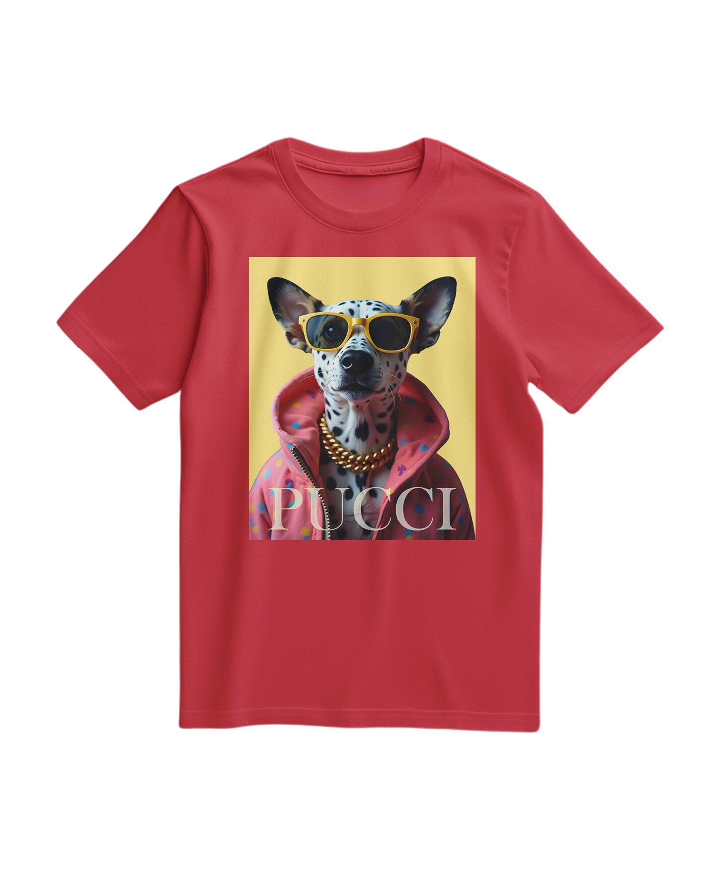 T-shirt vermelha da Camalestore com estampa de dálmata, camiseta de algodão confortável e estilosa com desenho de cão dálmata.
